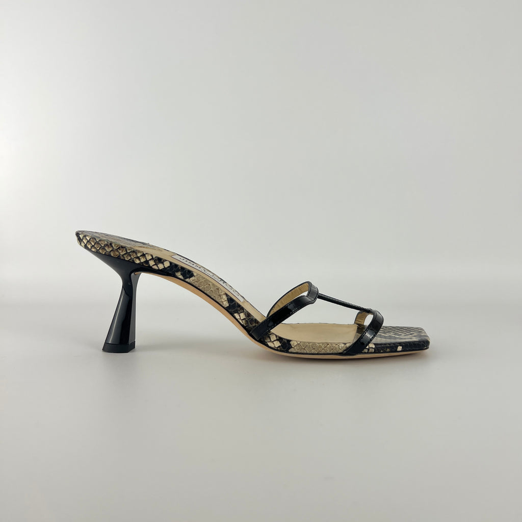 Jimmy Choo | Ria 65 Snake Embossed Gray Black Leather Slide Sandal Mule(39)