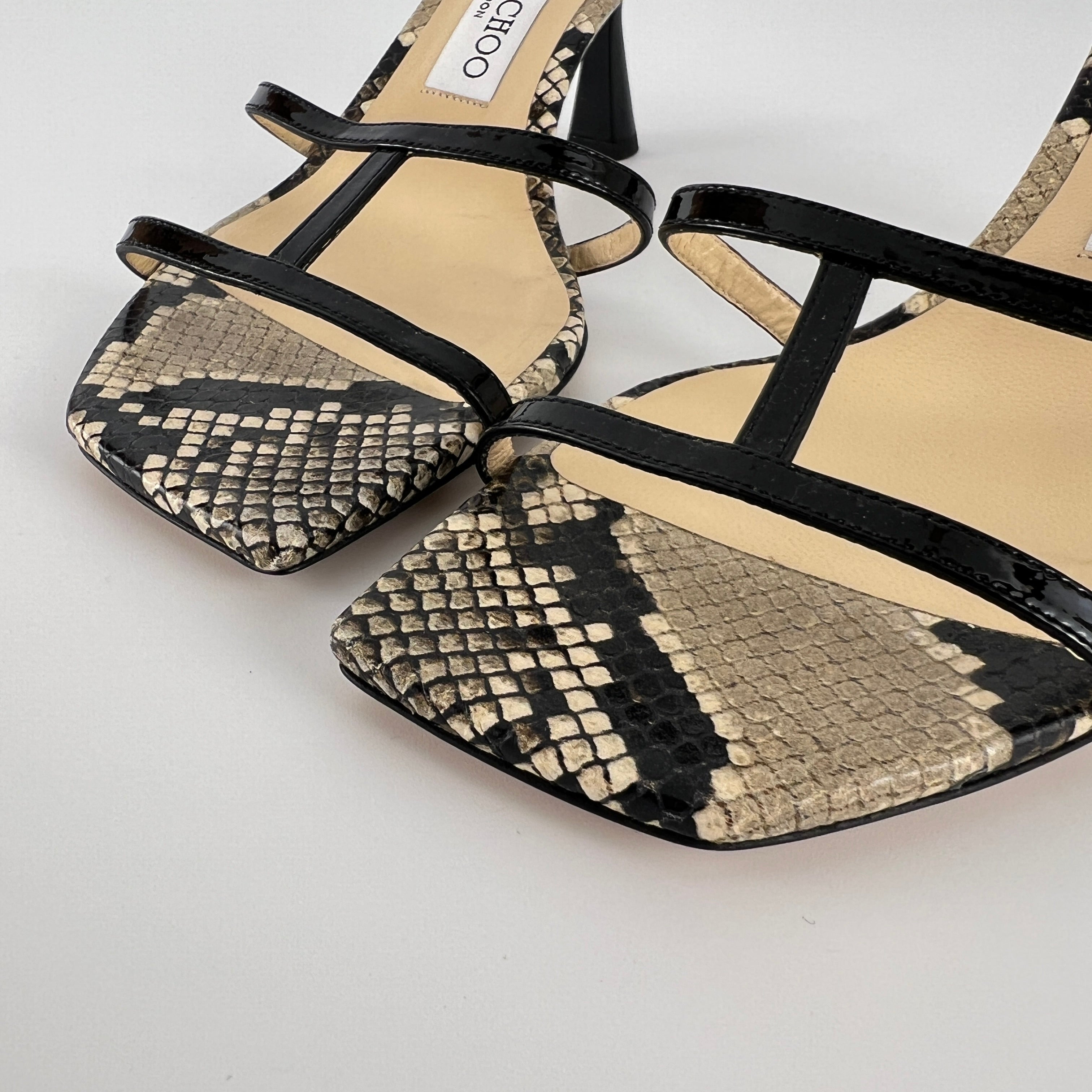 Jimmy Choo | Ria 65 Snake Embossed Gray Black Leather Slide Sandal Mule(39)