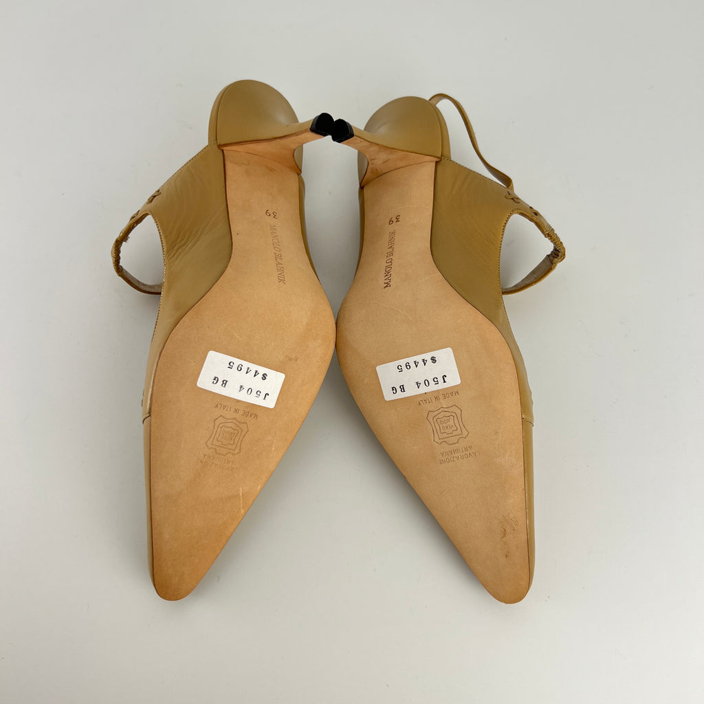 Manolo Blahnik | Vintage Nude Leather Pointed Toe Slingback Heels (39)