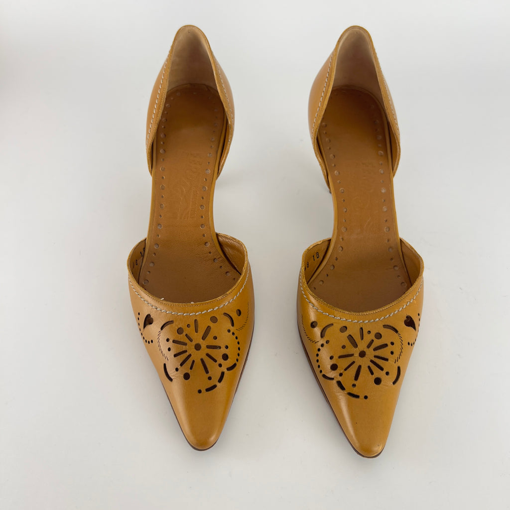 Ferragamo | Tan Leather Floral Cut-Out Pointed Toe D'Orsay Pump (8, 38)