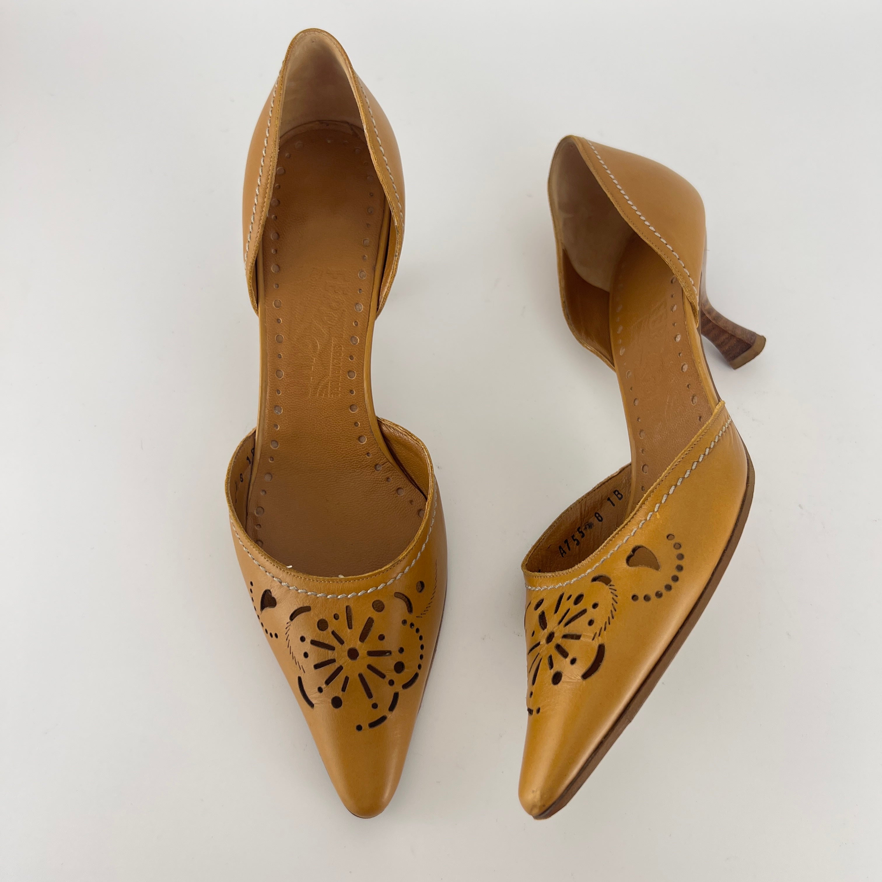 Ferragamo | Tan Leather Floral Cut-Out Pointed Toe D'Orsay Pump (8, 38)