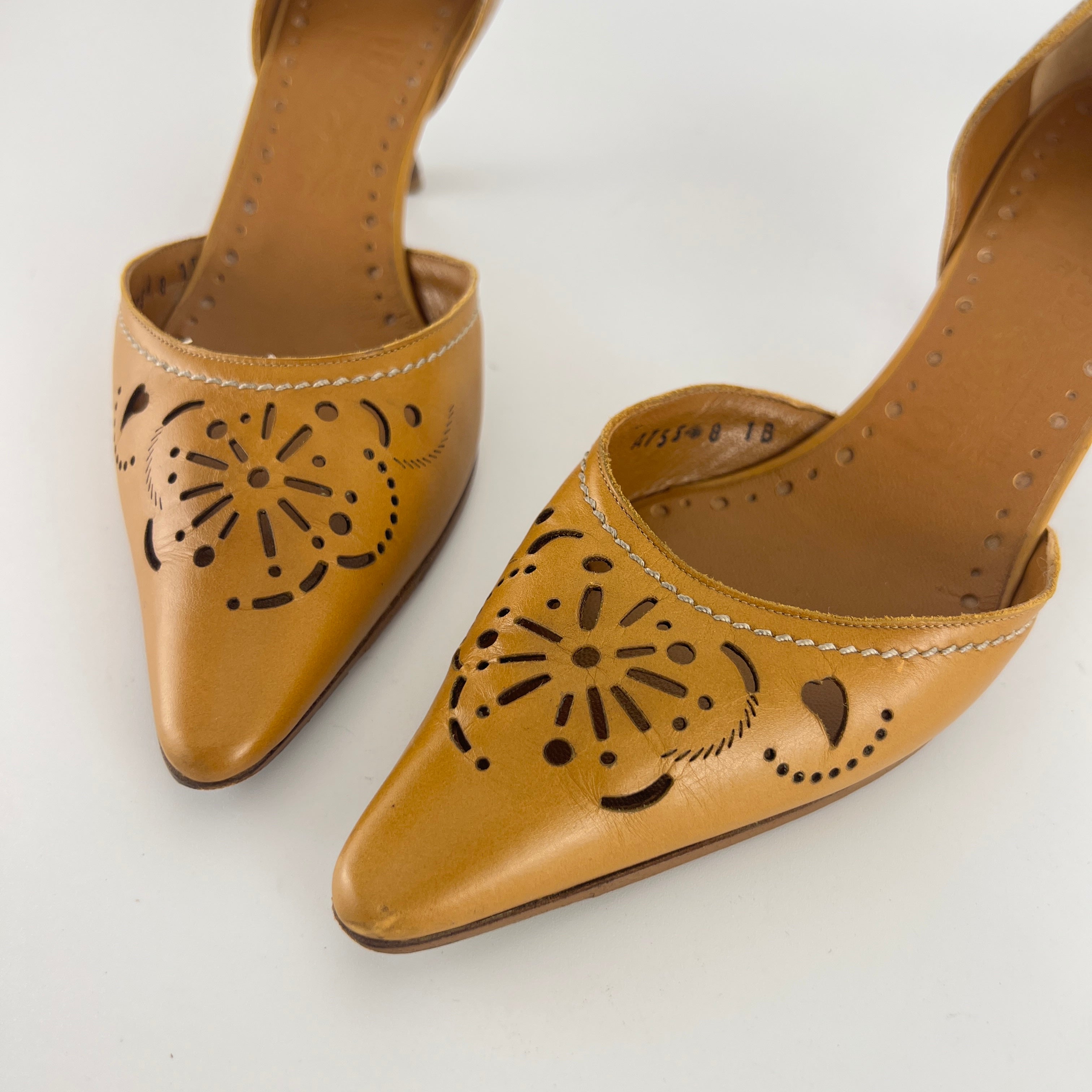 Ferragamo | Tan Leather Floral Cut-Out Pointed Toe D'Orsay Pump (8, 38)