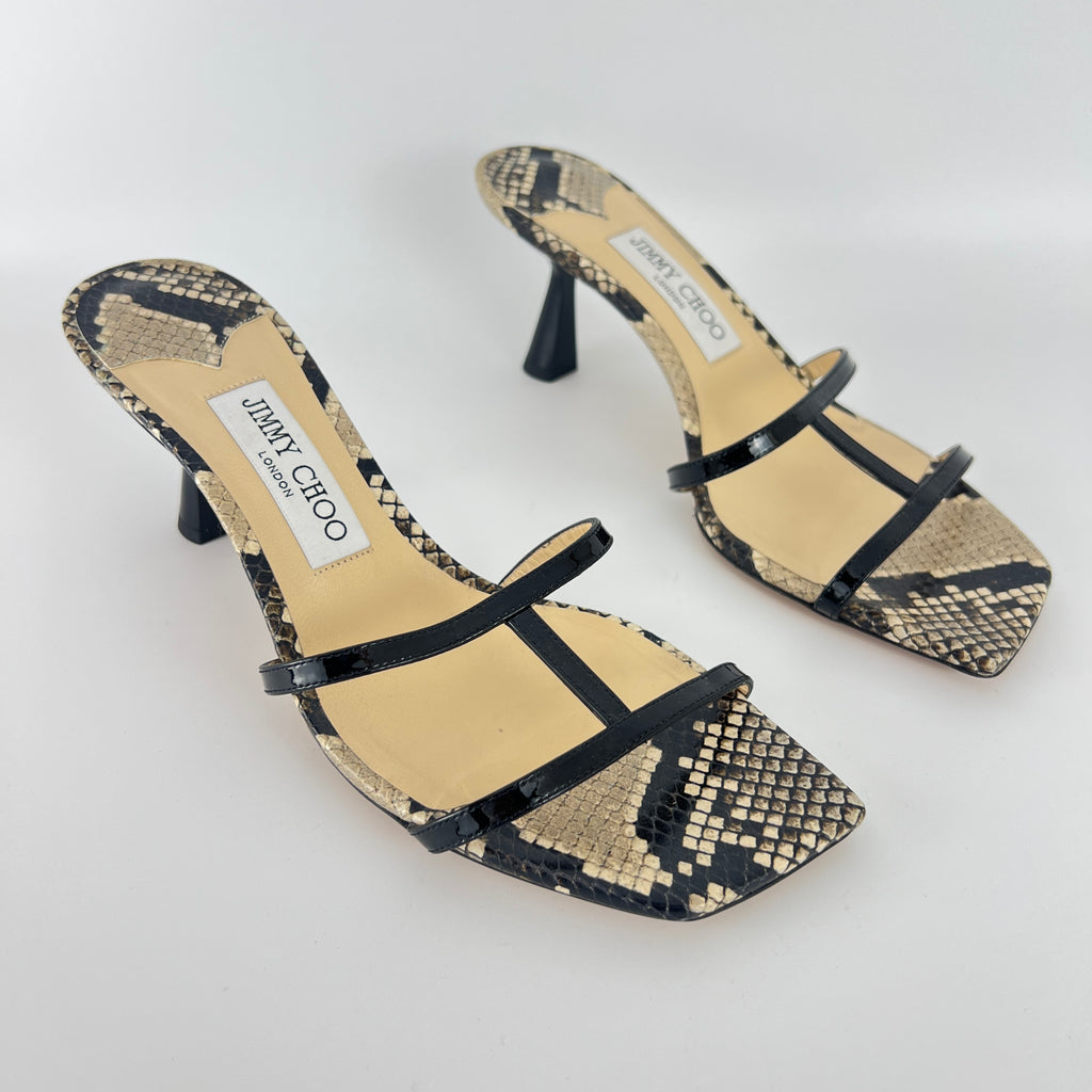 Jimmy Choo | Ria 65 Snake Embossed Gray Black Leather Slide Sandal Mule(39)