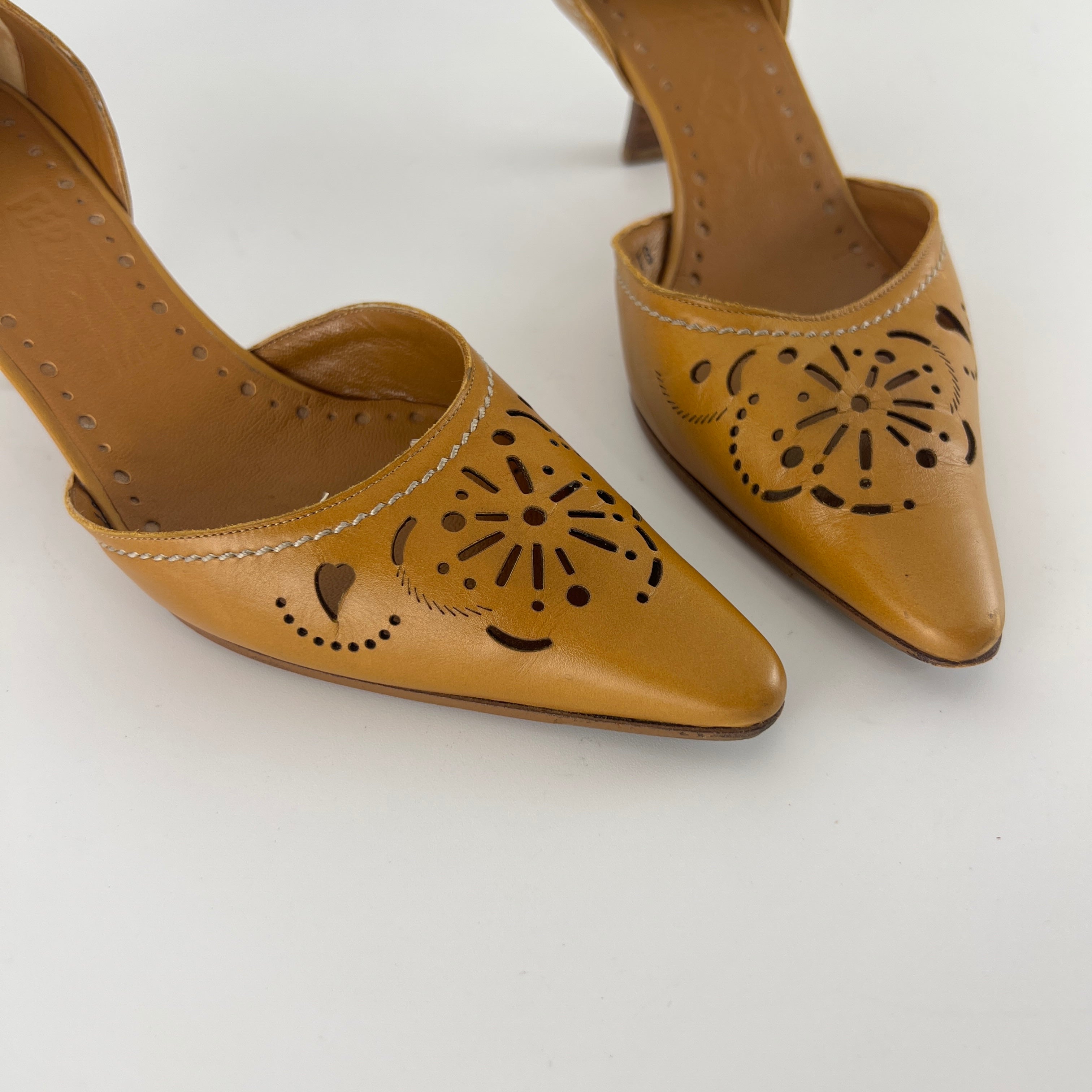 Ferragamo | Tan Leather Floral Cut-Out Pointed Toe D'Orsay Pump (8, 38)