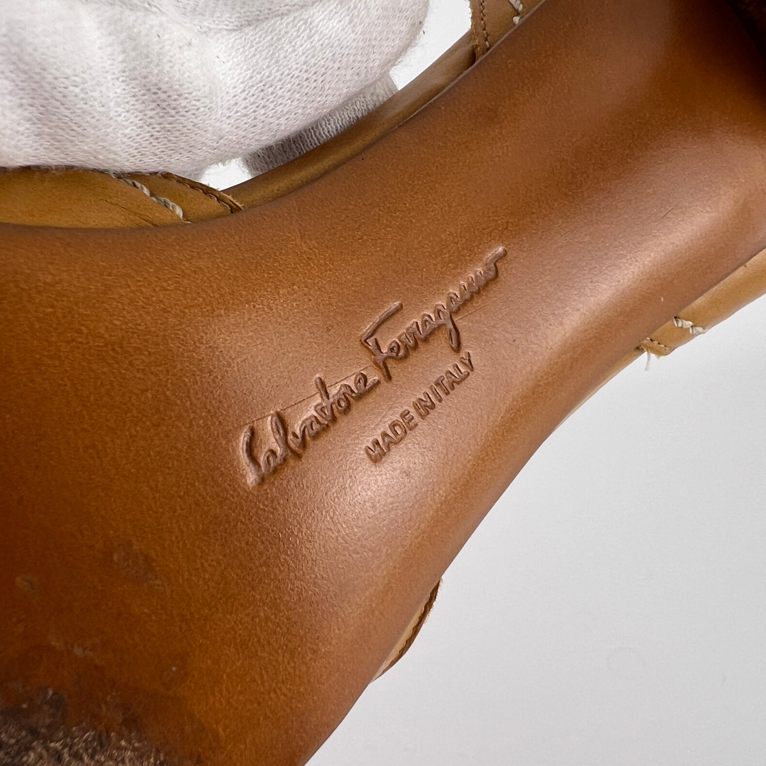 Ferragamo | Tan Leather Floral Cut-Out Pointed Toe D'Orsay Pump (8, 38)