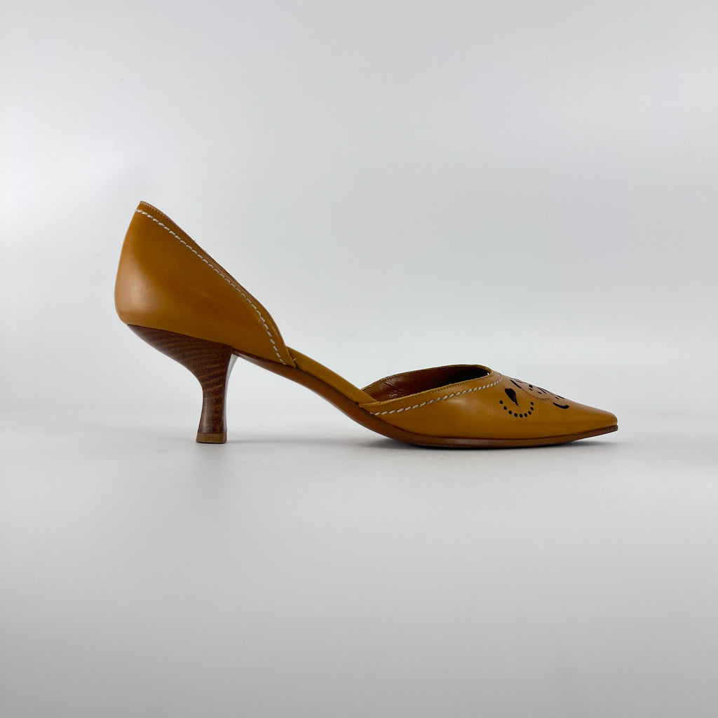 Ferragamo | Tan Leather Floral Cut-Out Pointed Toe D'Orsay Pump (8, 38)