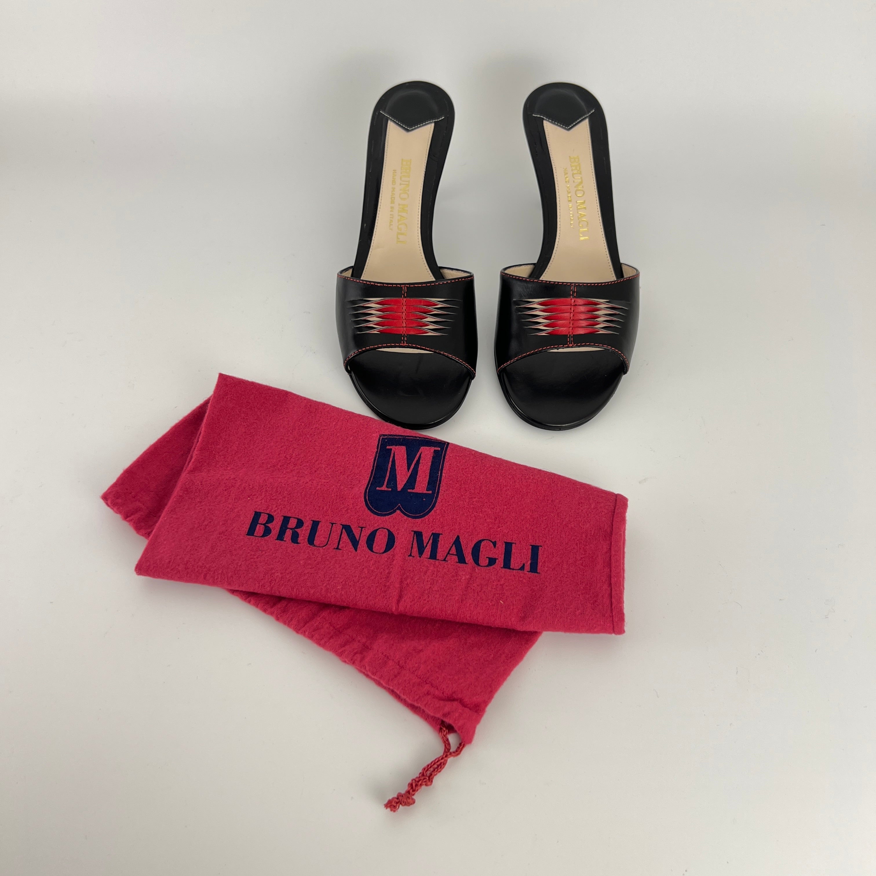 Bruno Magli | Black Leather Red Weave Top Stitch Slide Mules (37)
