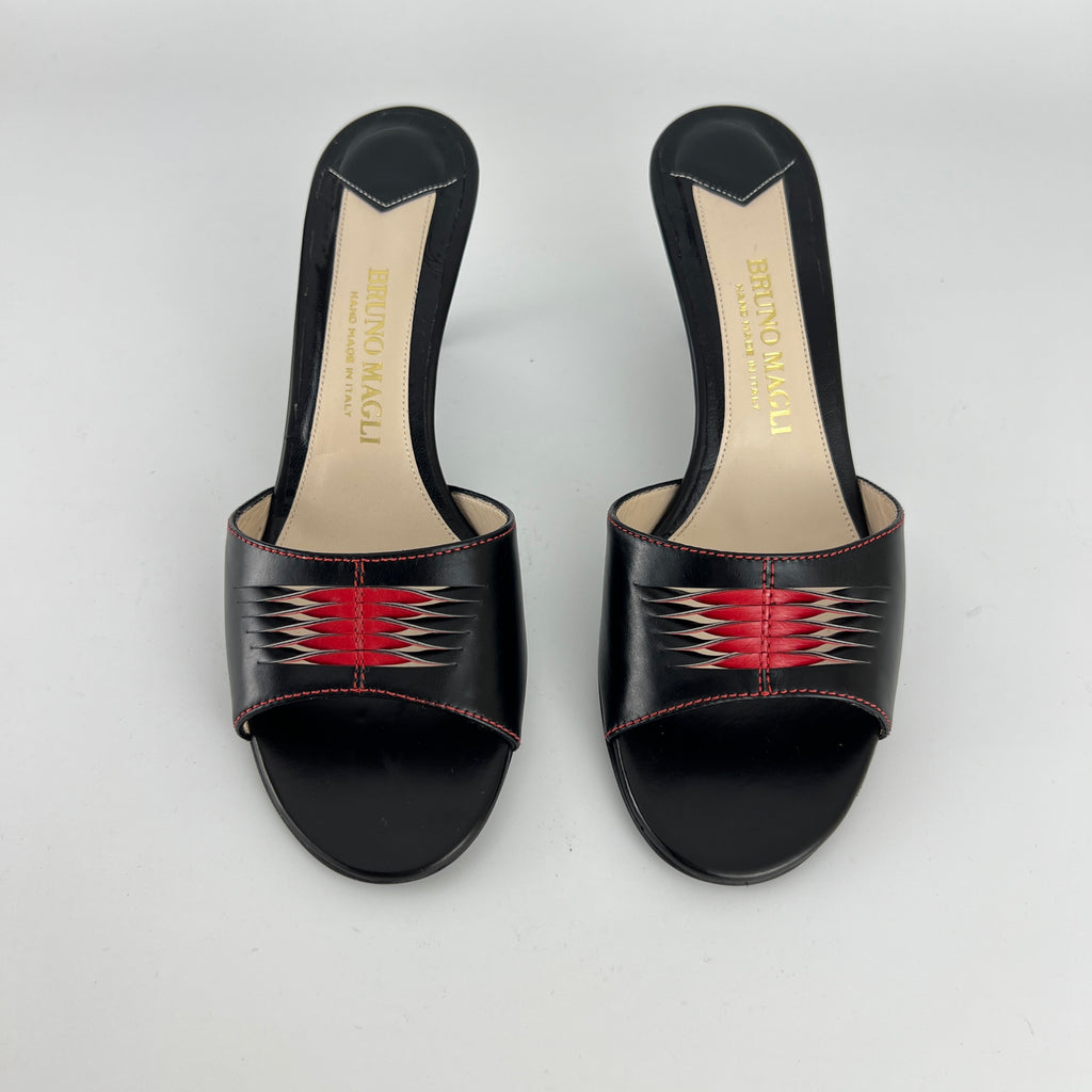Bruno Magli | Black Leather Red Weave Top Stitch Slide Mules (37)