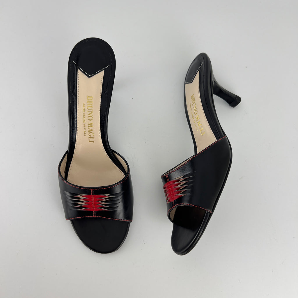 Bruno Magli | Black Leather Red Weave Top Stitch Slide Mules (37)