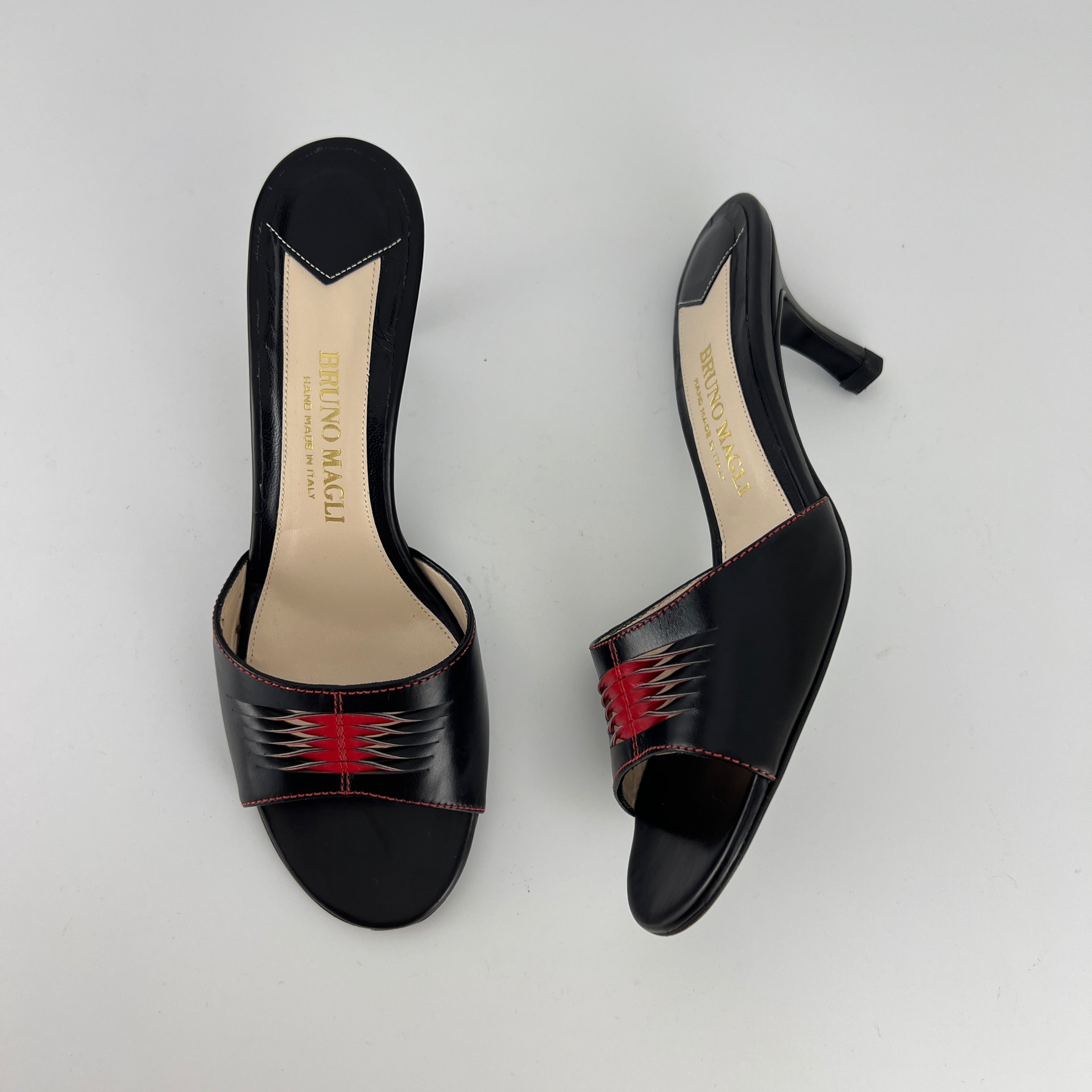 Bruno Magli | Black Leather Red Weave Top Stitch Slide Mules (37)
