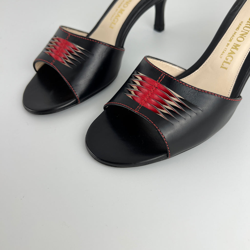 Bruno Magli | Black Leather Red Weave Top Stitch Slide Mules (37)