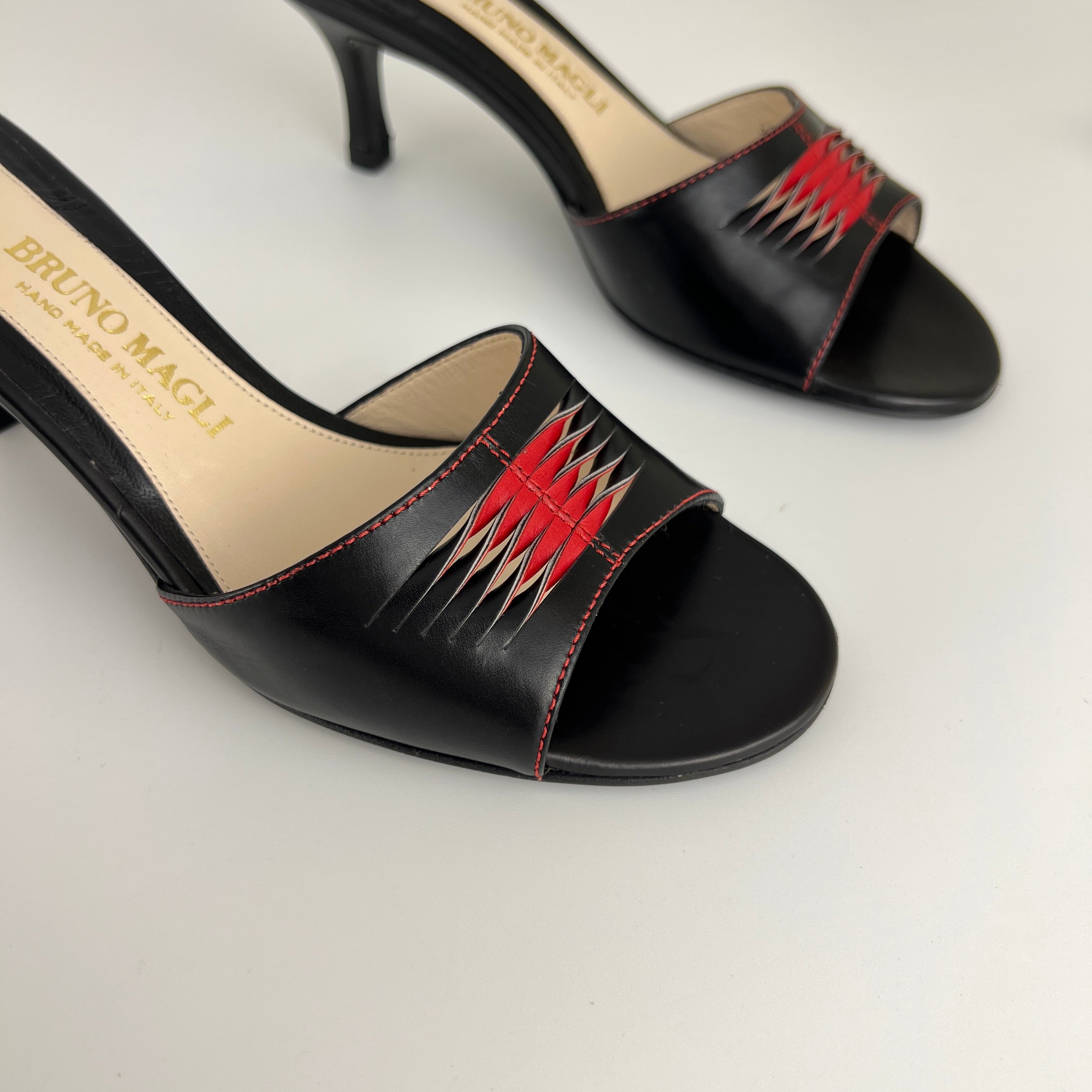 Bruno Magli | Black Leather Red Weave Top Stitch Slide Mules (37)