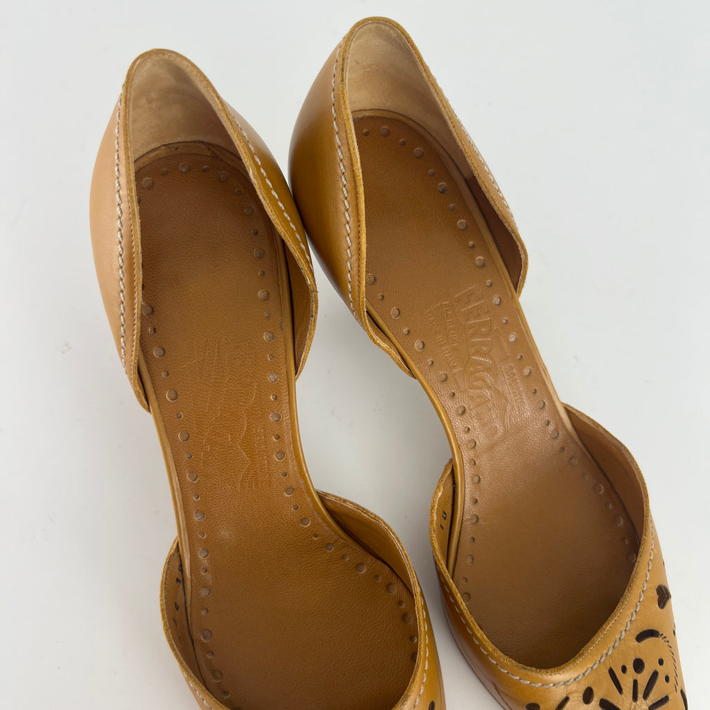 Ferragamo | Tan Leather Floral Cut-Out Pointed Toe D'Orsay Pump (8, 38)