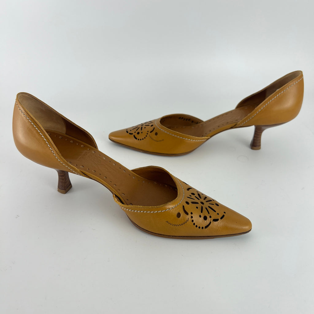Ferragamo | Tan Leather Floral Cut-Out Pointed Toe D'Orsay Pump (8, 38)