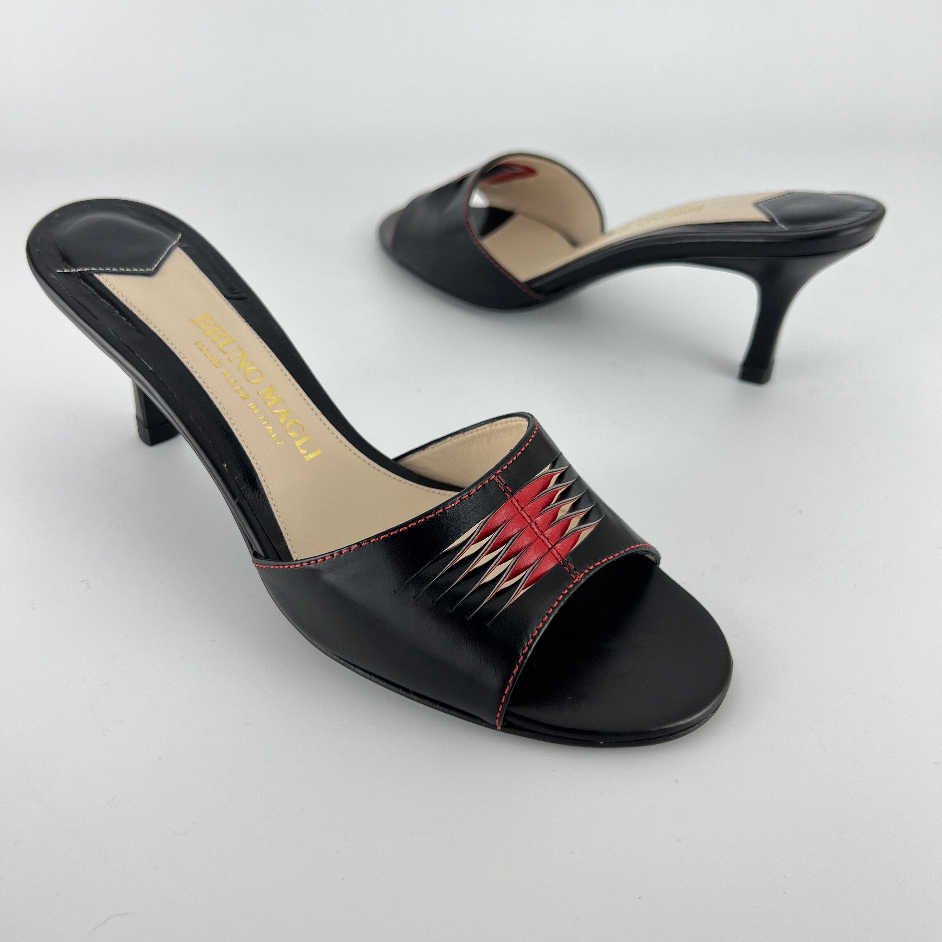 Bruno Magli | Black Leather Red Weave Top Stitch Slide Mules (37)
