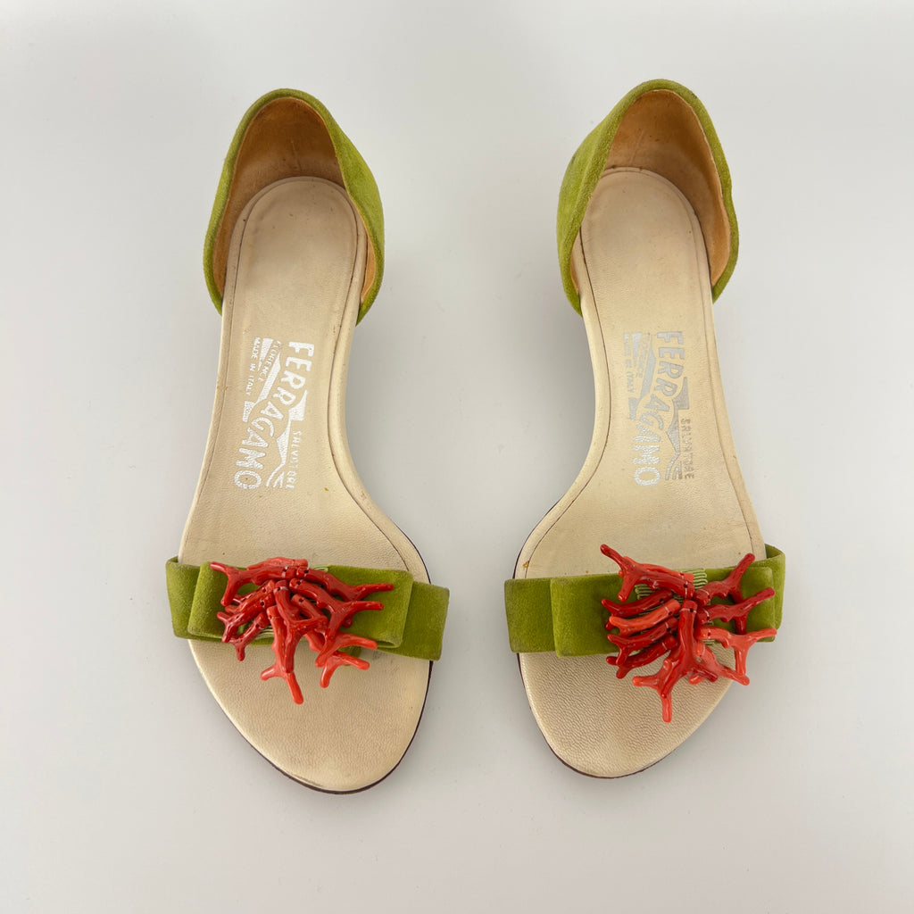 Ferragamo | Red Coral Green Suede Leather Thong Sandal Kitten Heel (4 , 34)