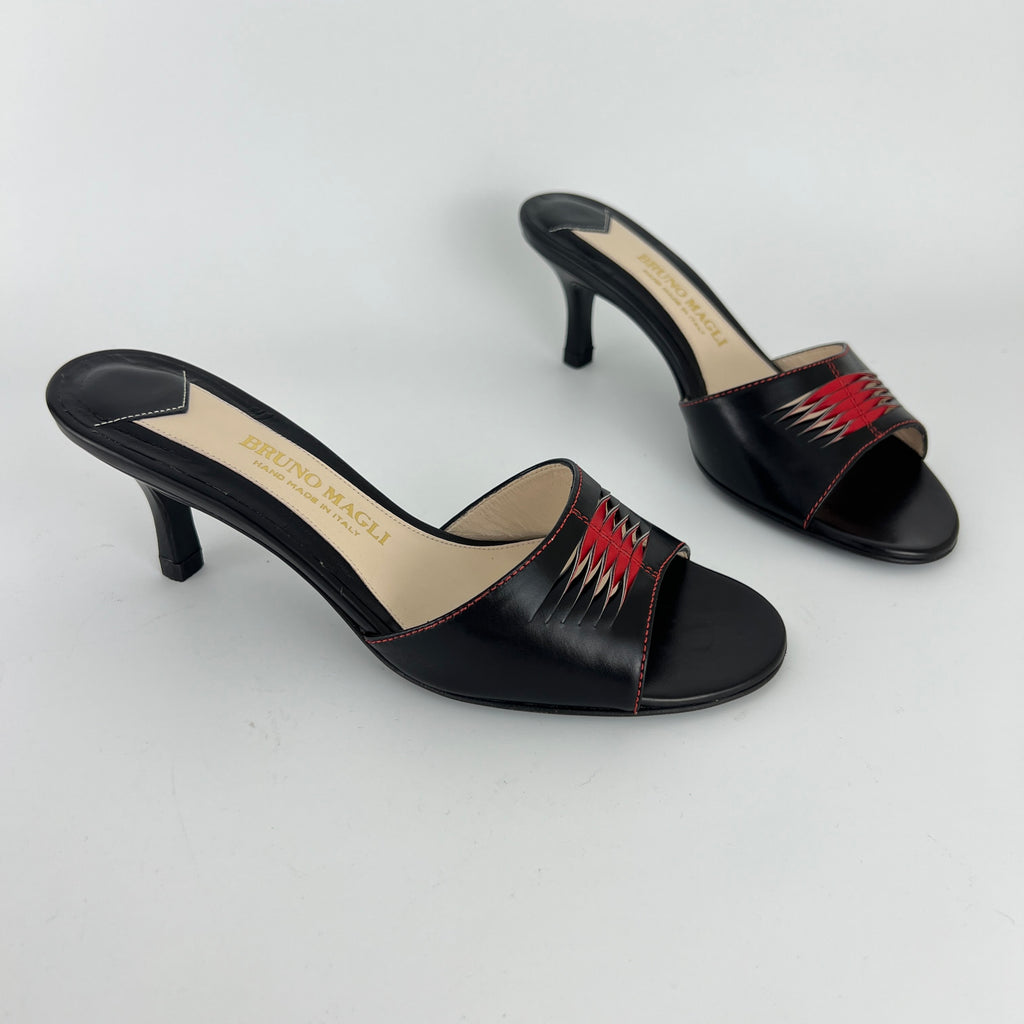 Bruno Magli | Black Leather Red Weave Top Stitch Slide Mules (37)