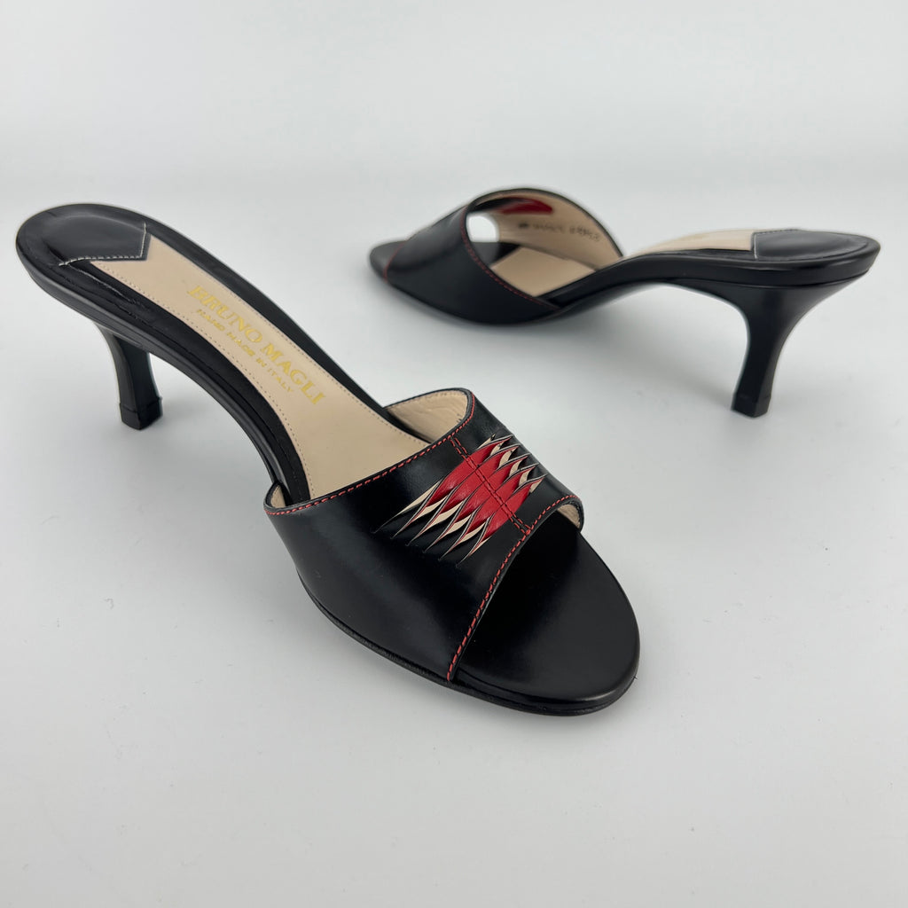 Bruno Magli | Black Leather Red Weave Top Stitch Slide Mules (37)