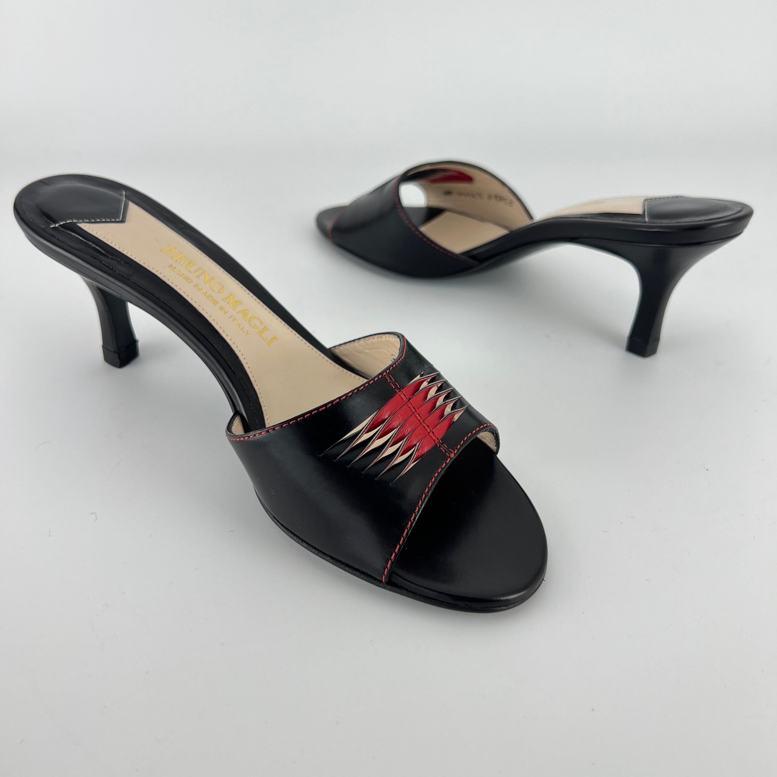 Bruno Magli | Black Leather Red Weave Top Stitch Slide Mules (37)