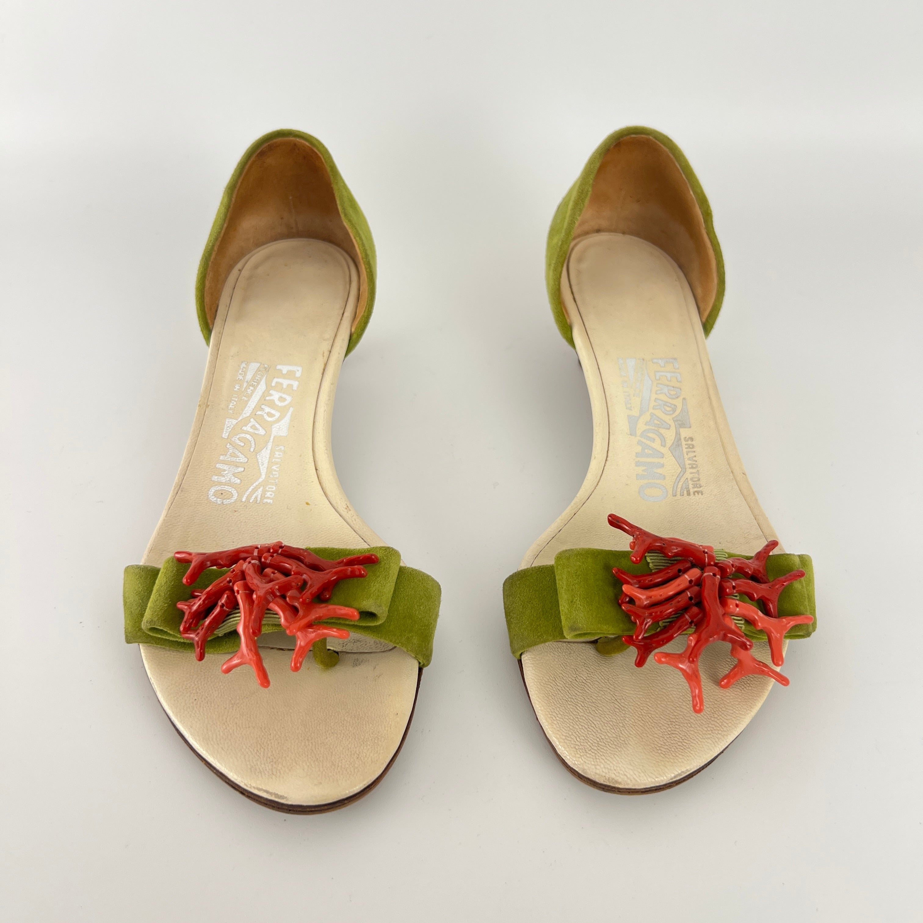 Ferragamo | Red Coral Green Suede Leather Thong Sandal Kitten Heel (4 , 34)