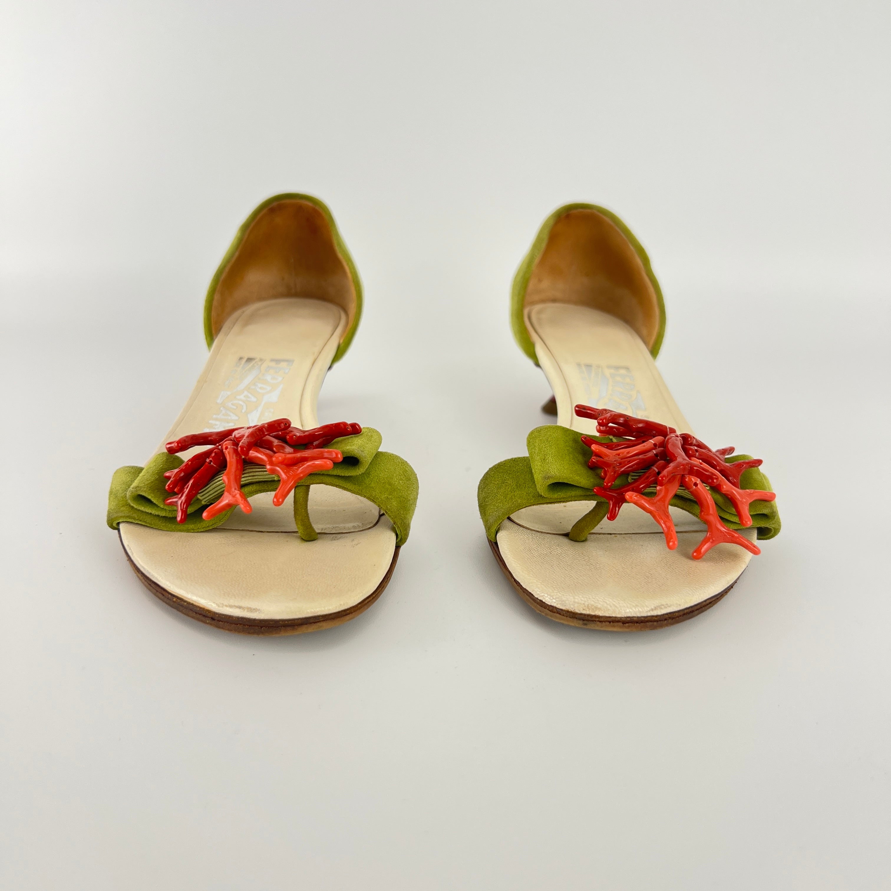 Ferragamo | Red Coral Green Suede Leather Thong Sandal Kitten Heel (4 , 34)