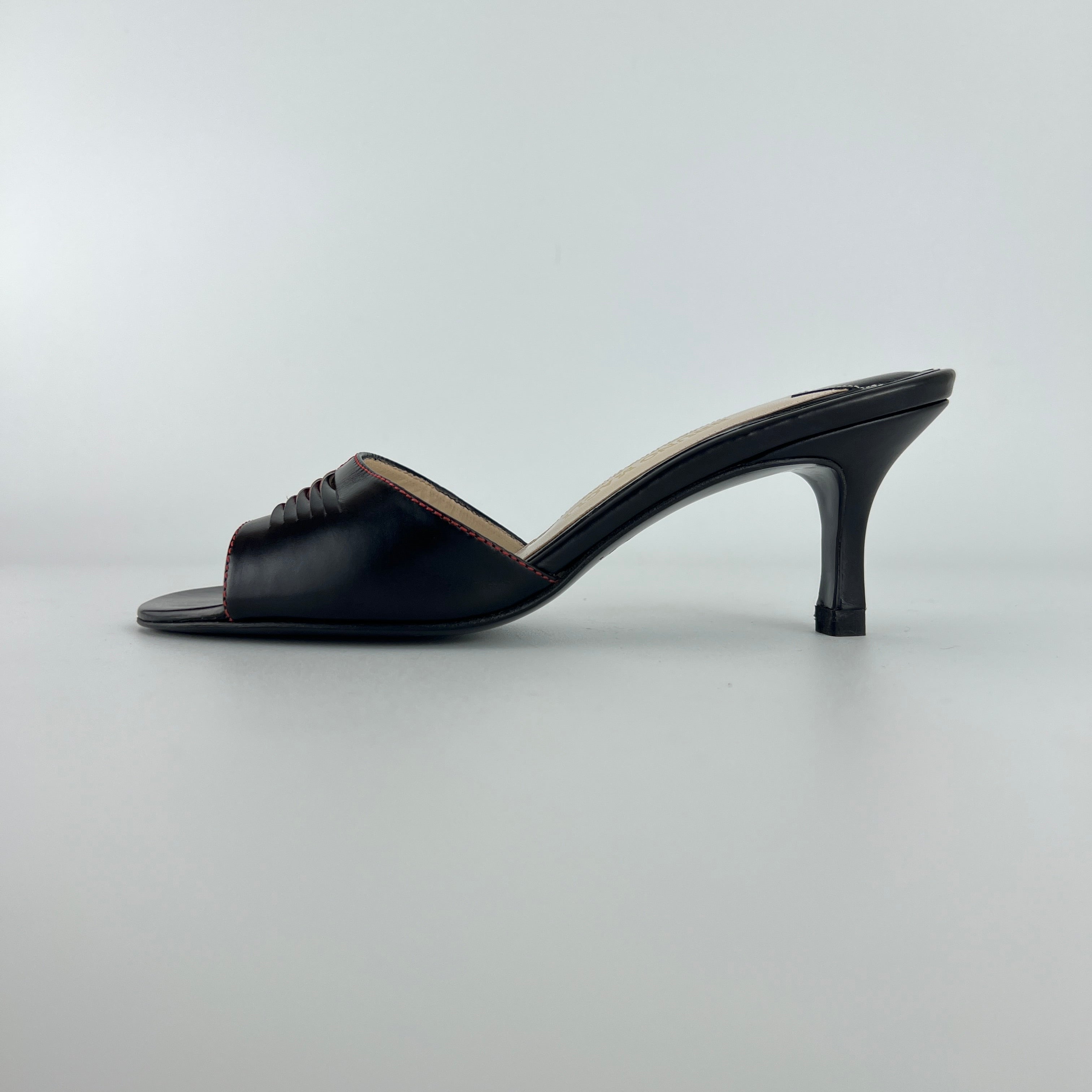 Bruno Magli | Black Leather Red Weave Top Stitch Slide Mules (37)