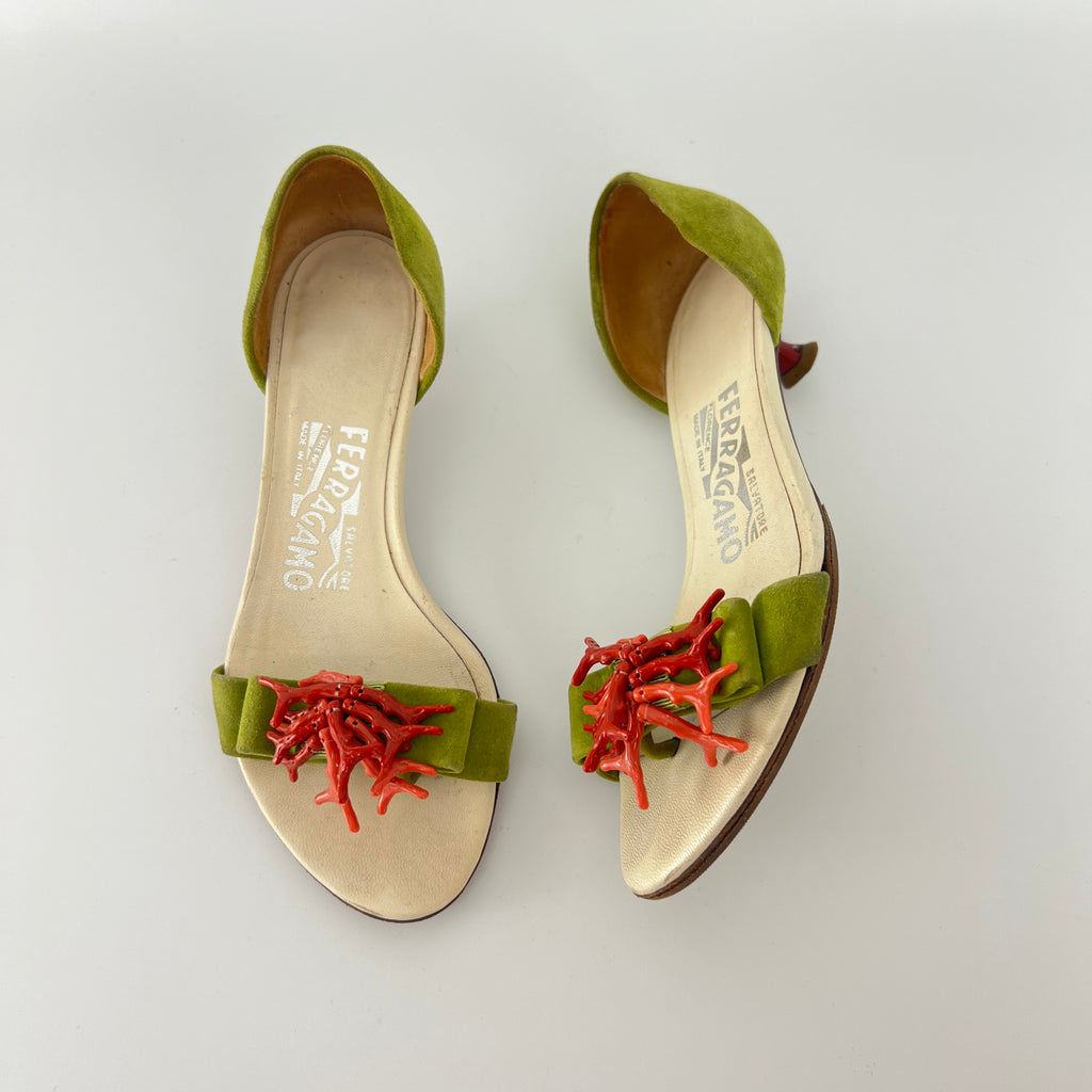 Ferragamo | Red Coral Green Suede Leather Thong Sandal Kitten Heel (4 , 34)