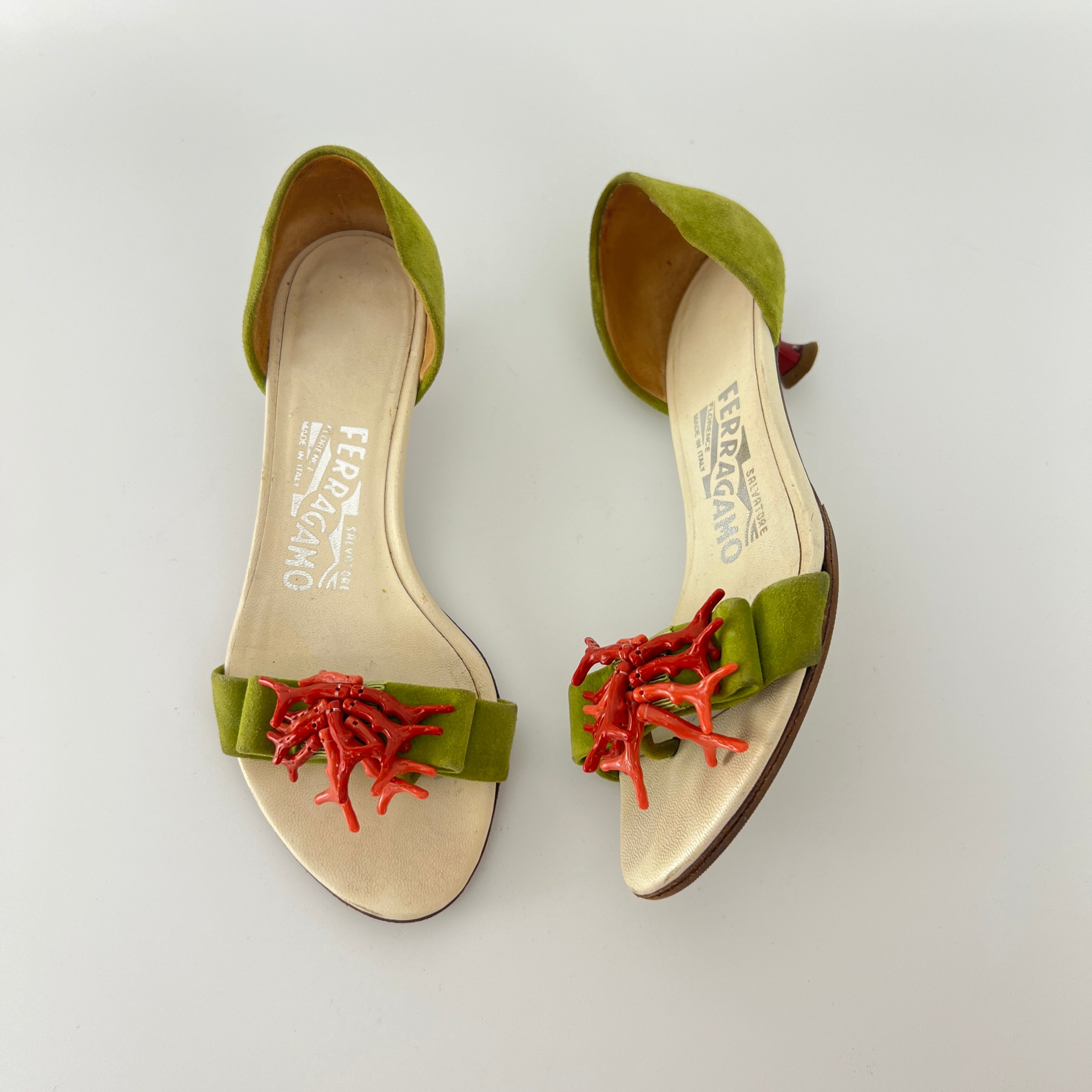 Ferragamo | Red Coral Green Suede Leather Thong Sandal Kitten Heel (4 , 34)