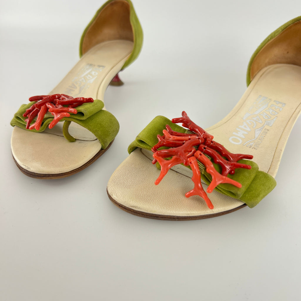 Ferragamo | Red Coral Green Suede Leather Thong Sandal Kitten Heel (4 , 34)