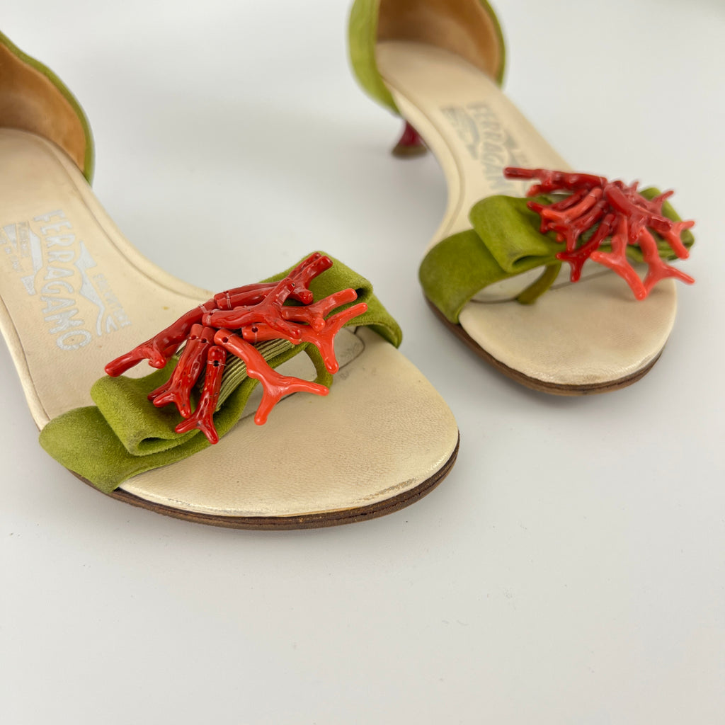 Ferragamo | Red Coral Green Suede Leather Thong Sandal Kitten Heel (4 , 34)