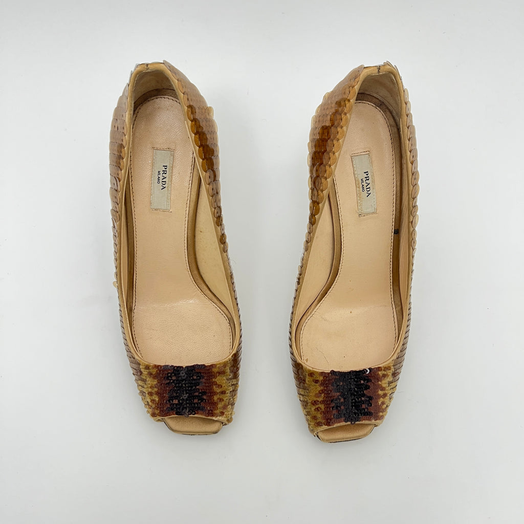 Prada | Gold Bronze Sequin Peep Toe Stiletto Heels (36)