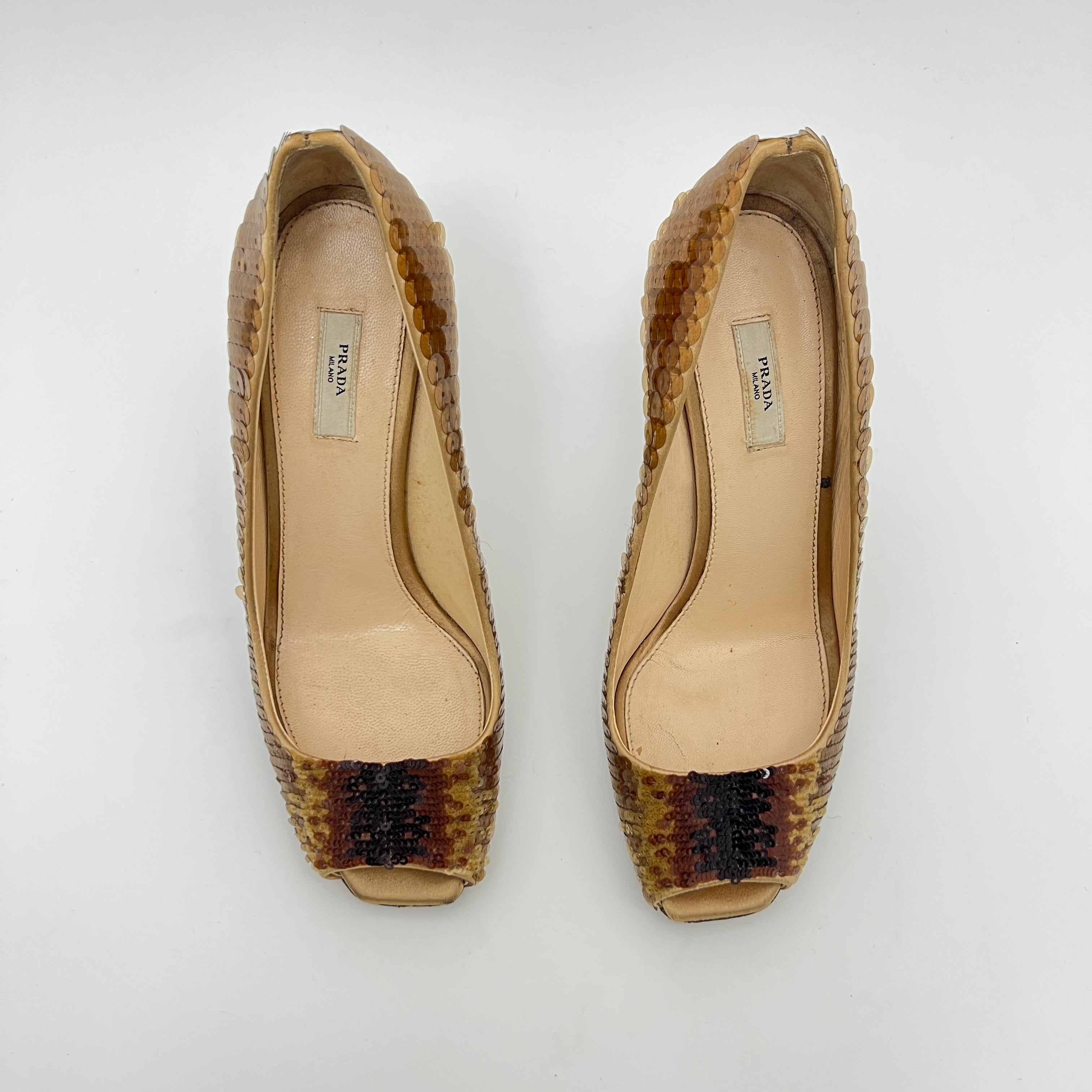 Prada | Gold Bronze Sequin Peep Toe Stiletto Heels (36)