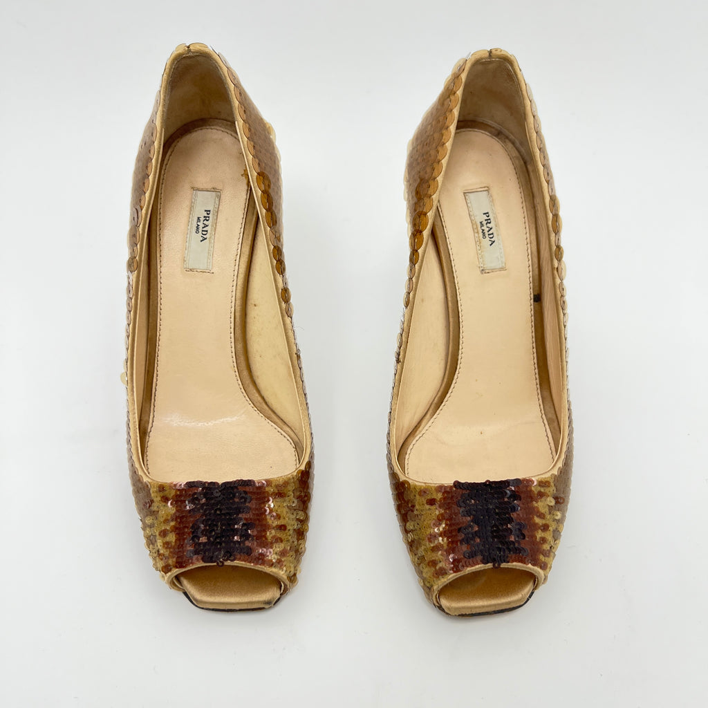Prada | Gold Bronze Sequin Peep Toe Stiletto Heels (36)