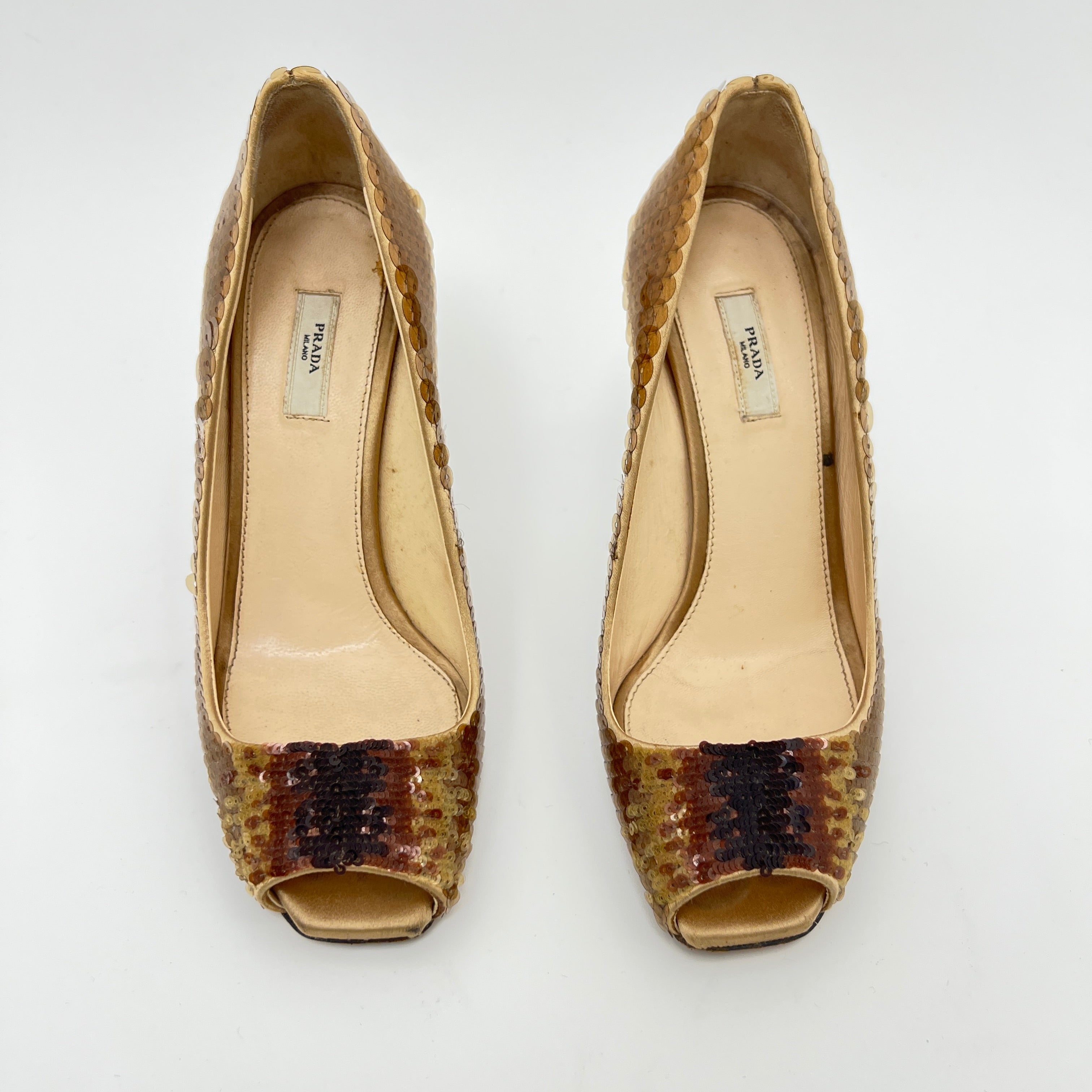 Prada | Gold Bronze Sequin Peep Toe Stiletto Heels (36)