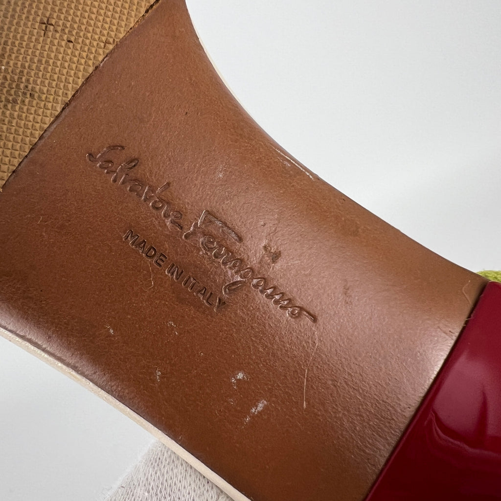 Ferragamo | Red Coral Green Suede Leather Thong Sandal Kitten Heel (4 , 34)
