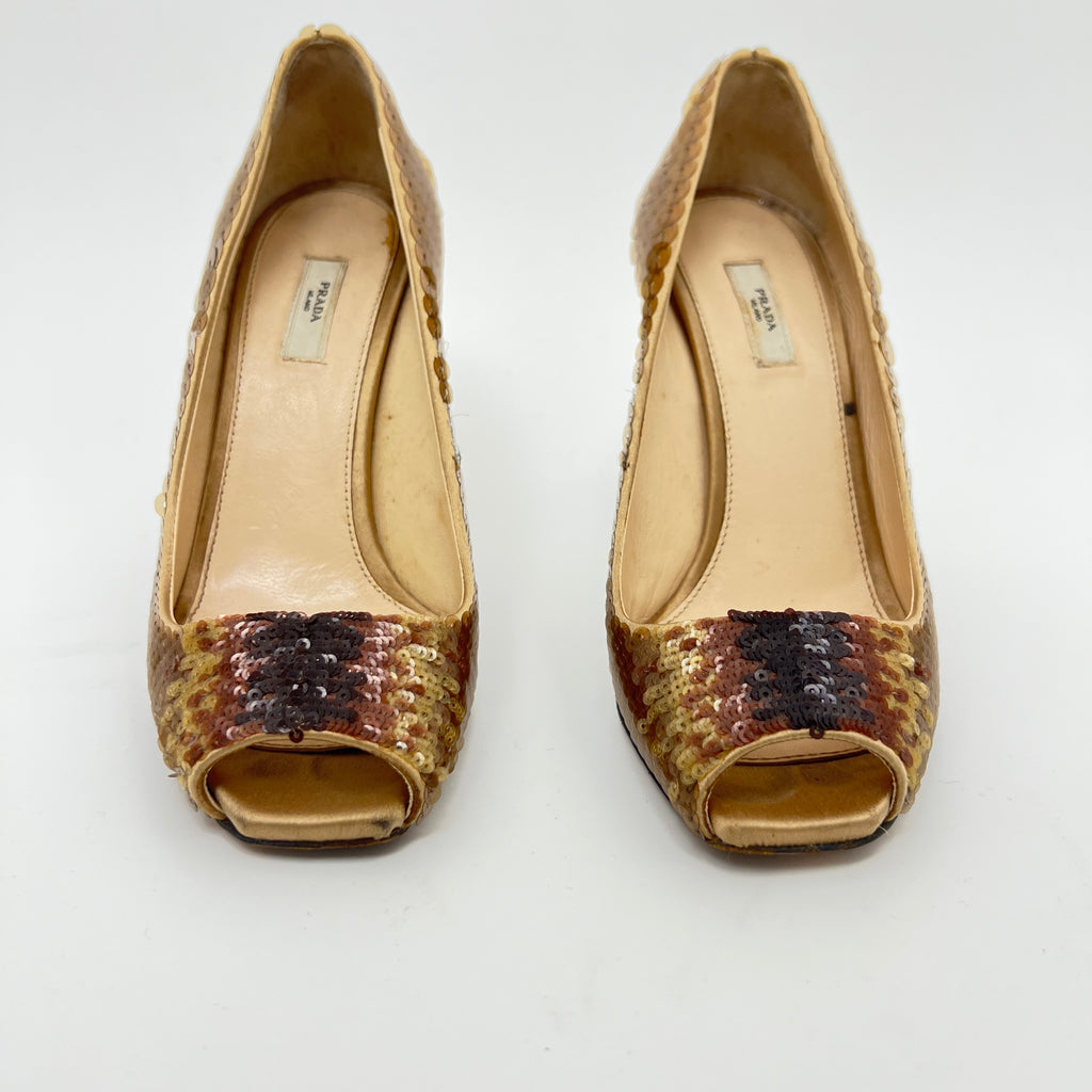 Prada | Gold Bronze Sequin Peep Toe Stiletto Heels (36)