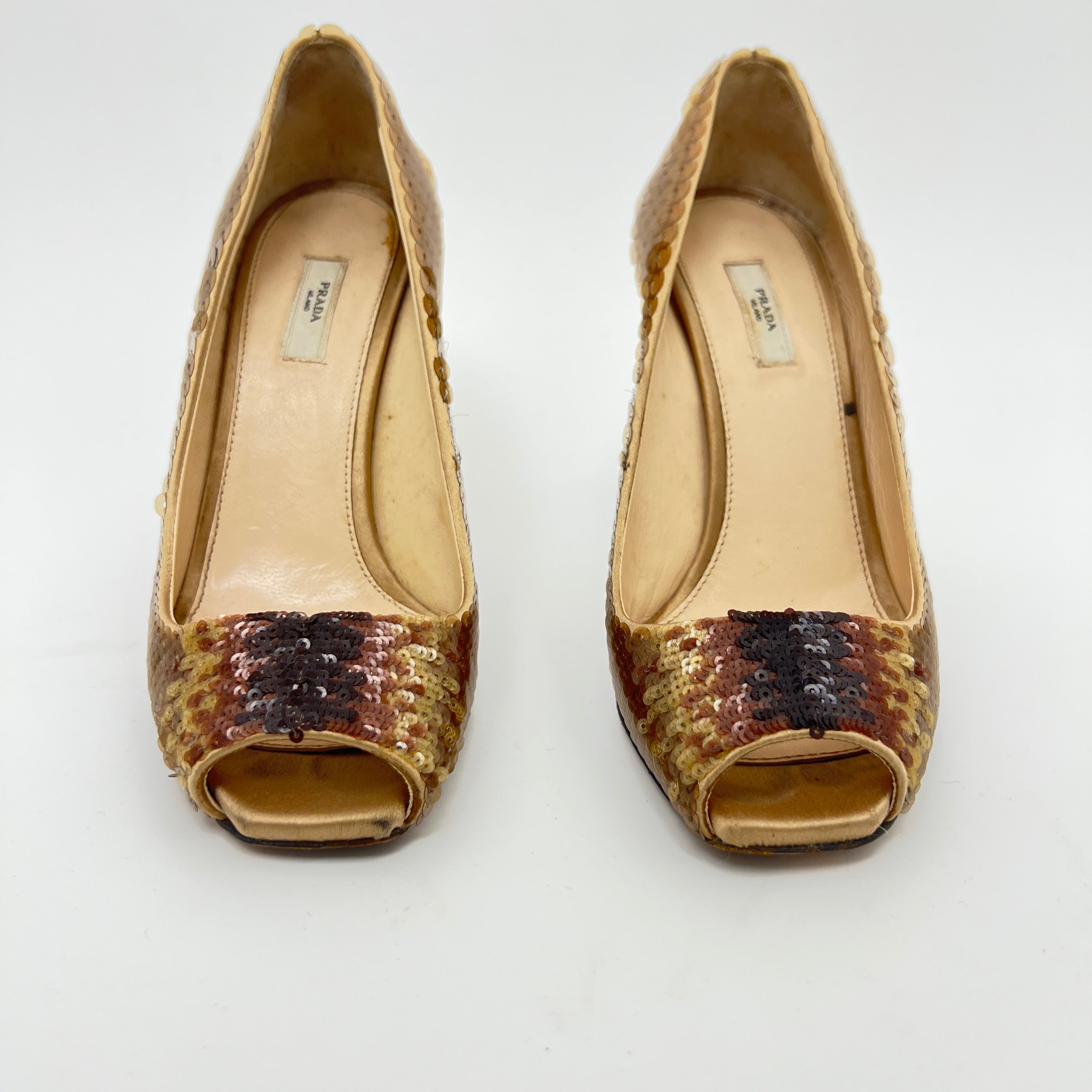 Prada | Gold Bronze Sequin Peep Toe Stiletto Heels (36)