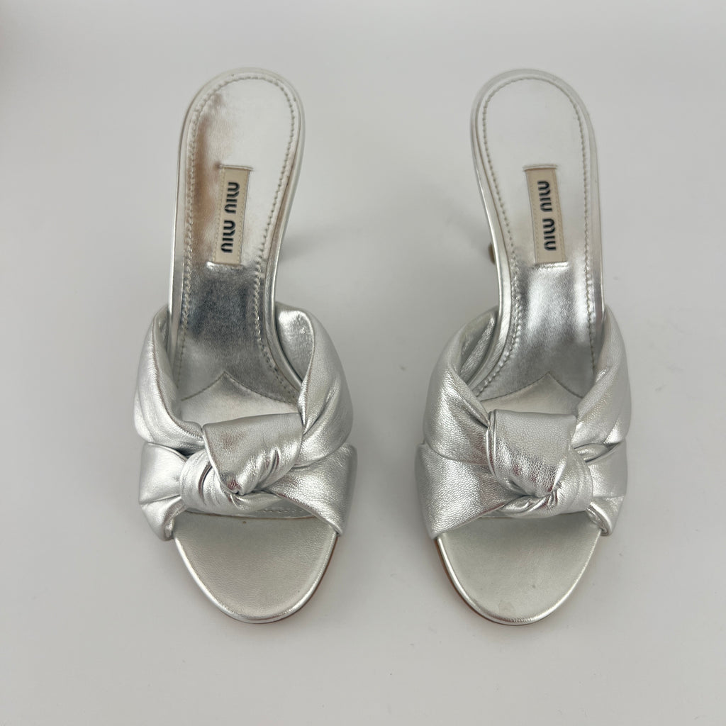 Miu Miu | Metallic Silver Leather Knot Metal Heel Slide Mules (37)