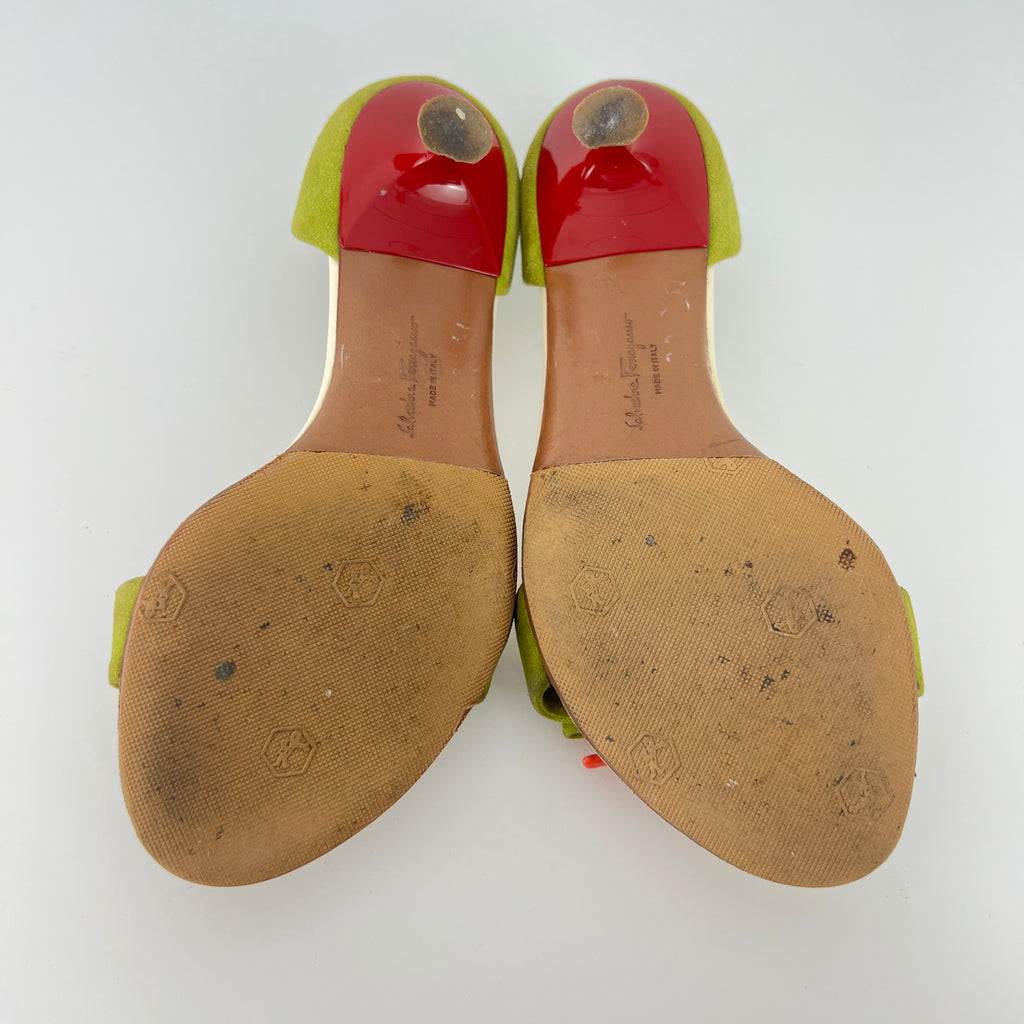 Ferragamo | Red Coral Green Suede Leather Thong Sandal Kitten Heel (4 , 34)