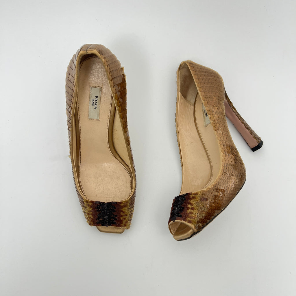 Prada | Gold Bronze Sequin Peep Toe Stiletto Heels (36)