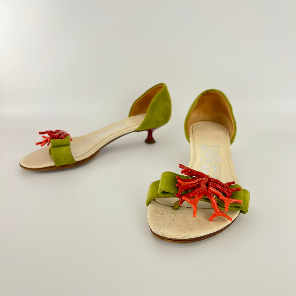 Ferragamo | Red Coral Green Suede Leather Thong Sandal Kitten Heel (4 , 34)