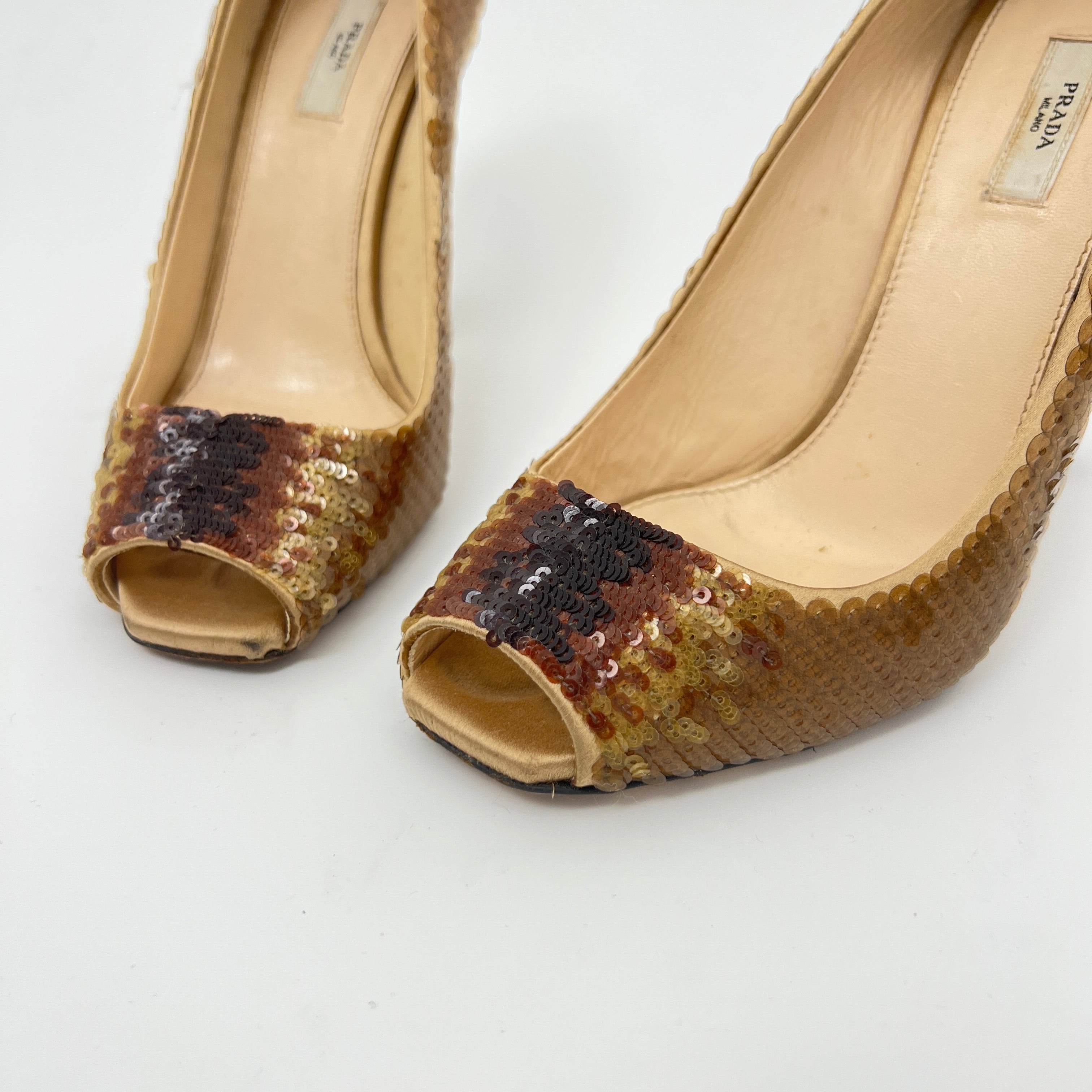 Prada | Gold Bronze Sequin Peep Toe Stiletto Heels (36)