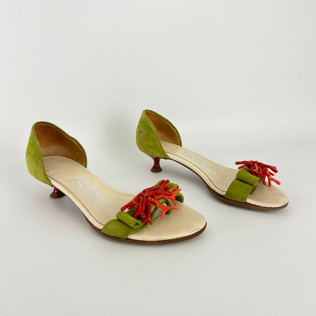 Ferragamo | Red Coral Green Suede Leather Thong Sandal Kitten Heel (4 , 34)