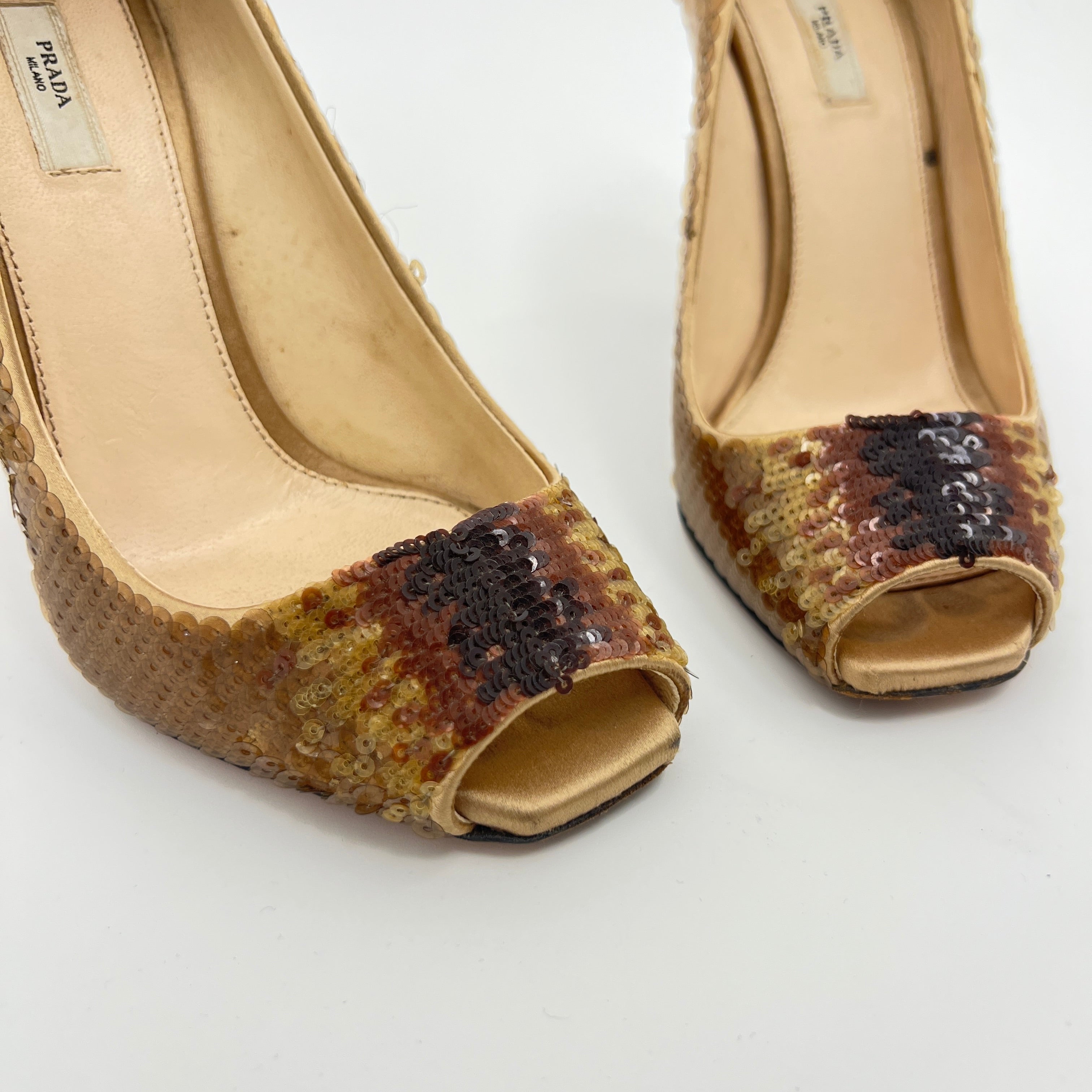 Prada | Gold Bronze Sequin Peep Toe Stiletto Heels (36)