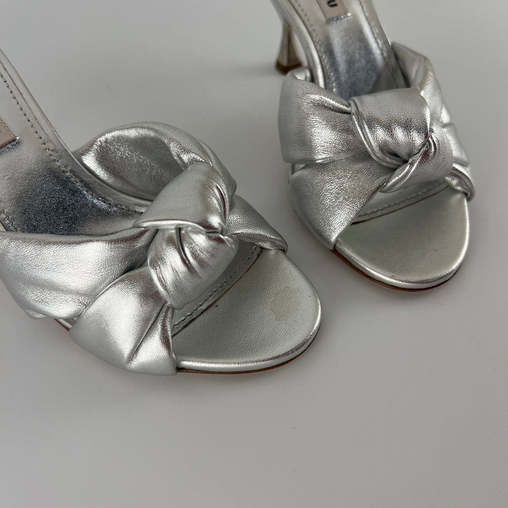 Miu Miu | Metallic Silver Leather Knot Metal Heel Slide Mules (37)