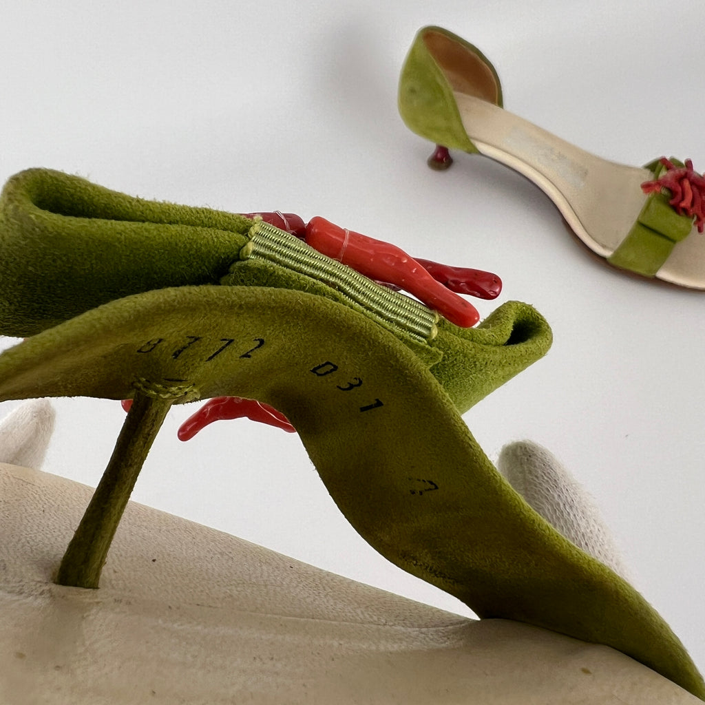 Ferragamo | Red Coral Green Suede Leather Thong Sandal Kitten Heel (4 , 34)