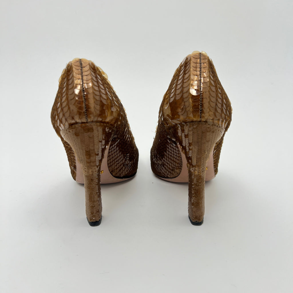 Prada | Gold Bronze Sequin Peep Toe Stiletto Heels (36)