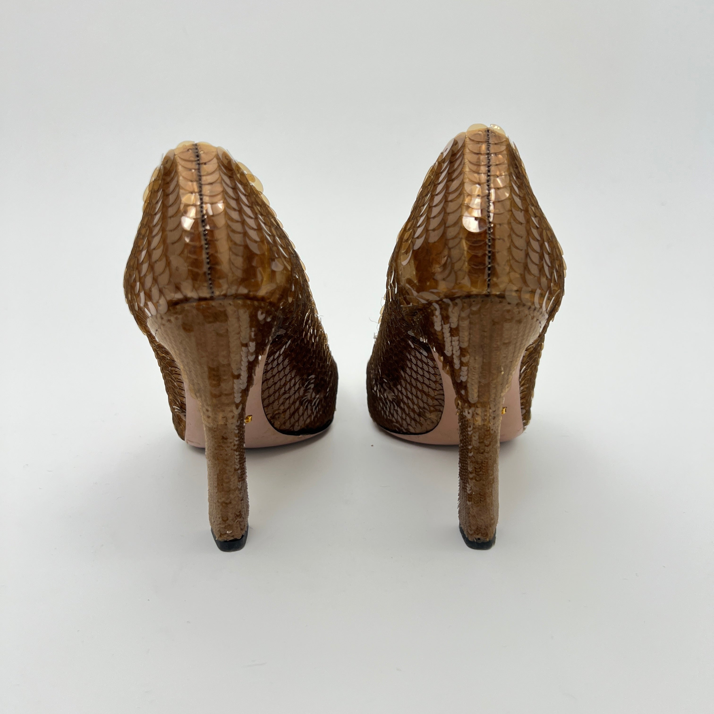 Prada | Gold Bronze Sequin Peep Toe Stiletto Heels (36)