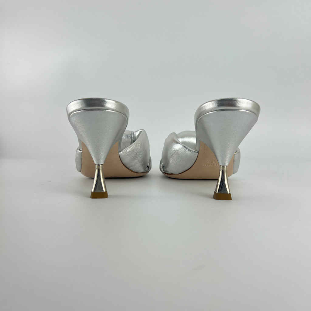 Miu Miu | Metallic Silver Leather Knot Metal Heel Slide Mules (37)