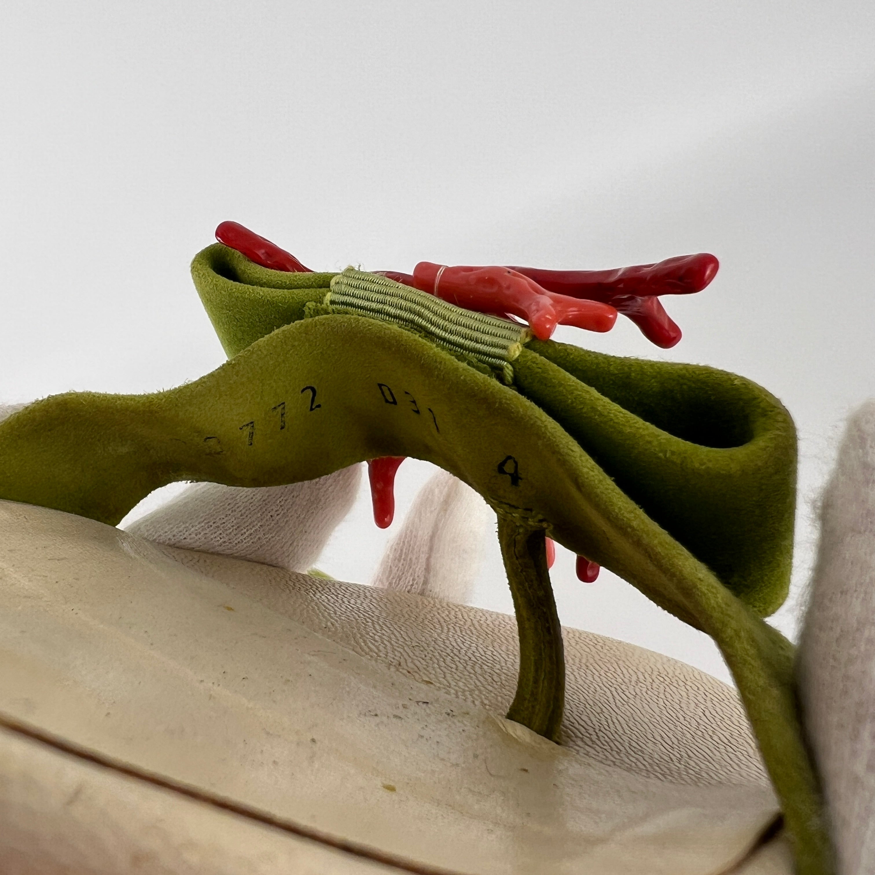 Ferragamo | Red Coral Green Suede Leather Thong Sandal Kitten Heel (4 , 34)